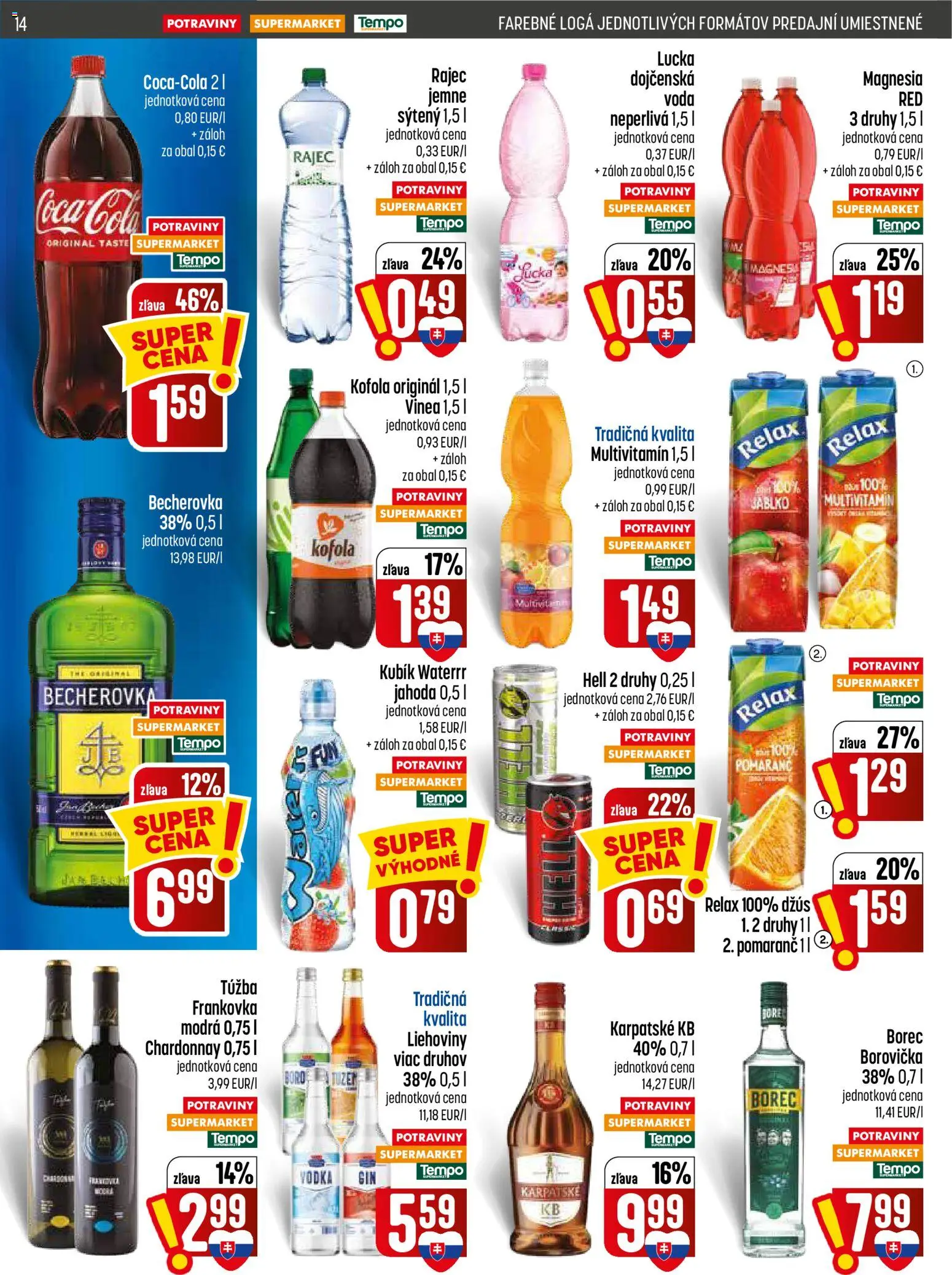 Nové COOP Jednota akcie – leták je platný od 09.07.2026 | Strana: 14 | Produkty: Becherovka, Borovička, Kofola, Lucka