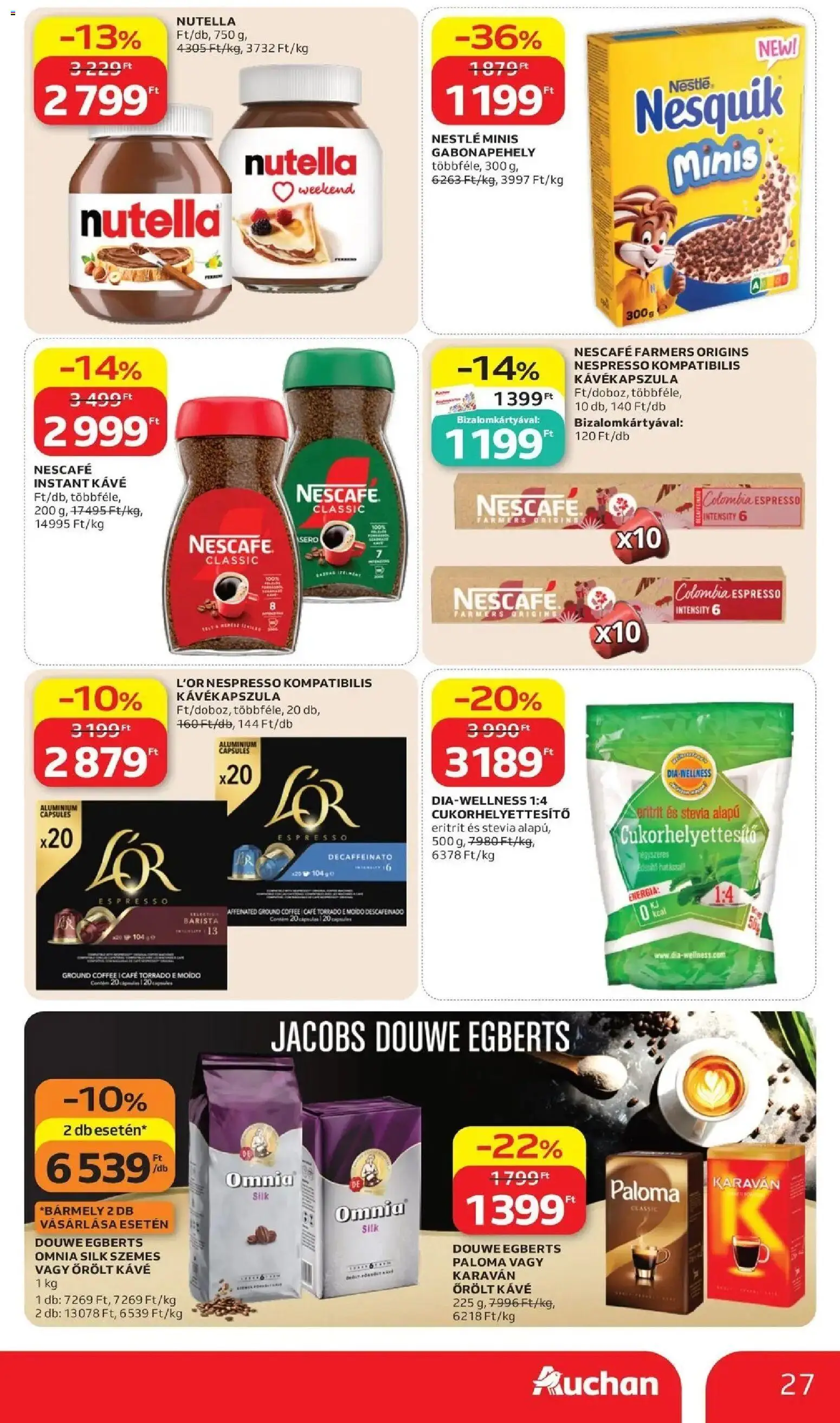 Auchan akciós ujság - amely érvényes a következő dátumtól: 11.06.2026 | Oldal: 27 | Termékek: Kávékapszula, Nesquik, Őrölt kávé, Instant kávé