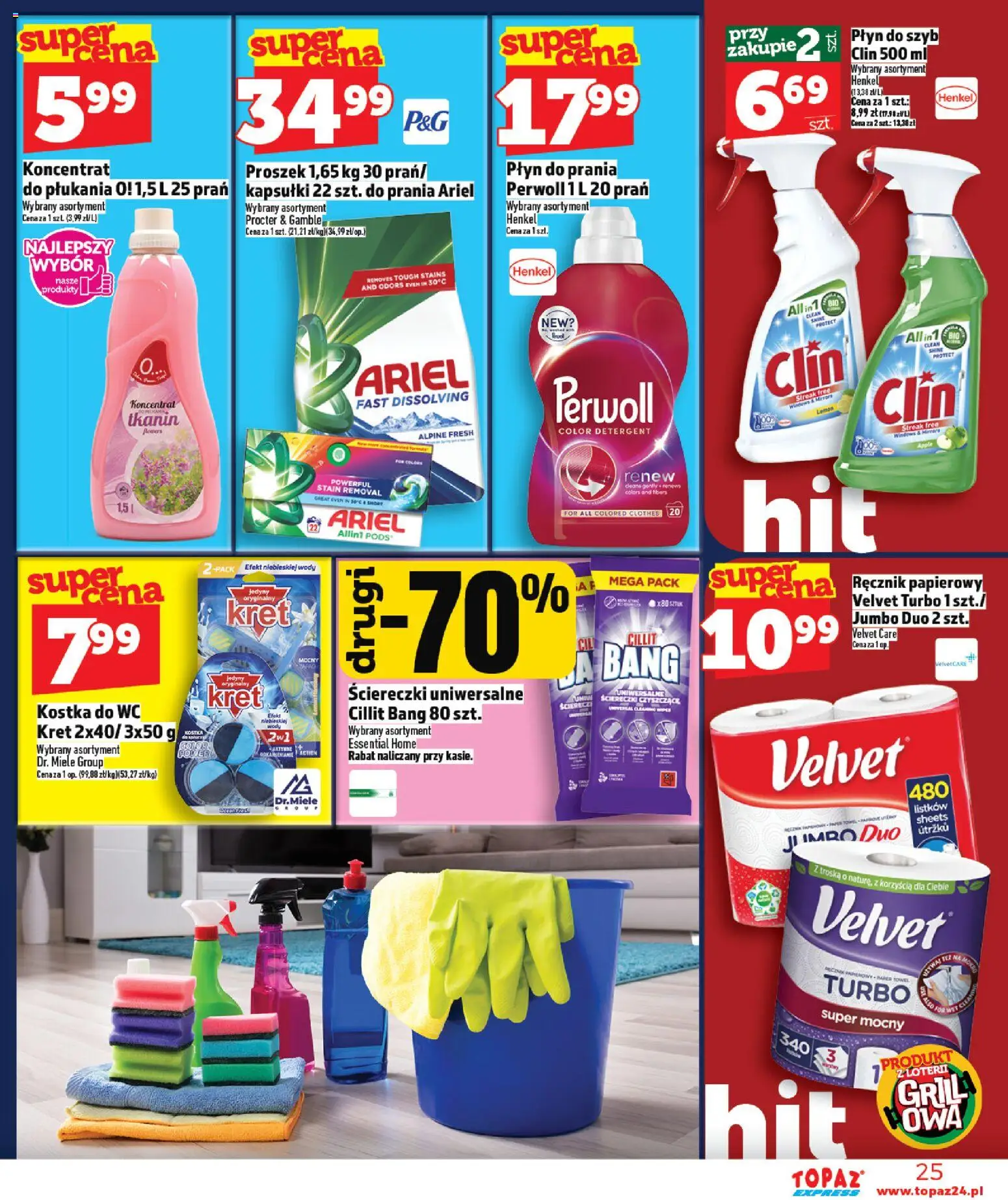 Topaz gazetka - Express od 07.05.2026 | Strona: 25 | Produkty: Płyn do szyb Clin, Ariel, Detergent, Ręcznik papierowy