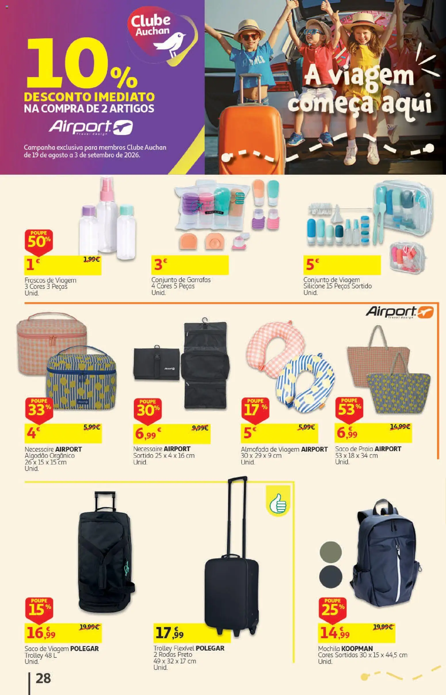 Auchan folheto │ válido de 19/08/2026 | Página: 28 | Produtos: Mochila, Necessaire, Almofada, Saco de praia