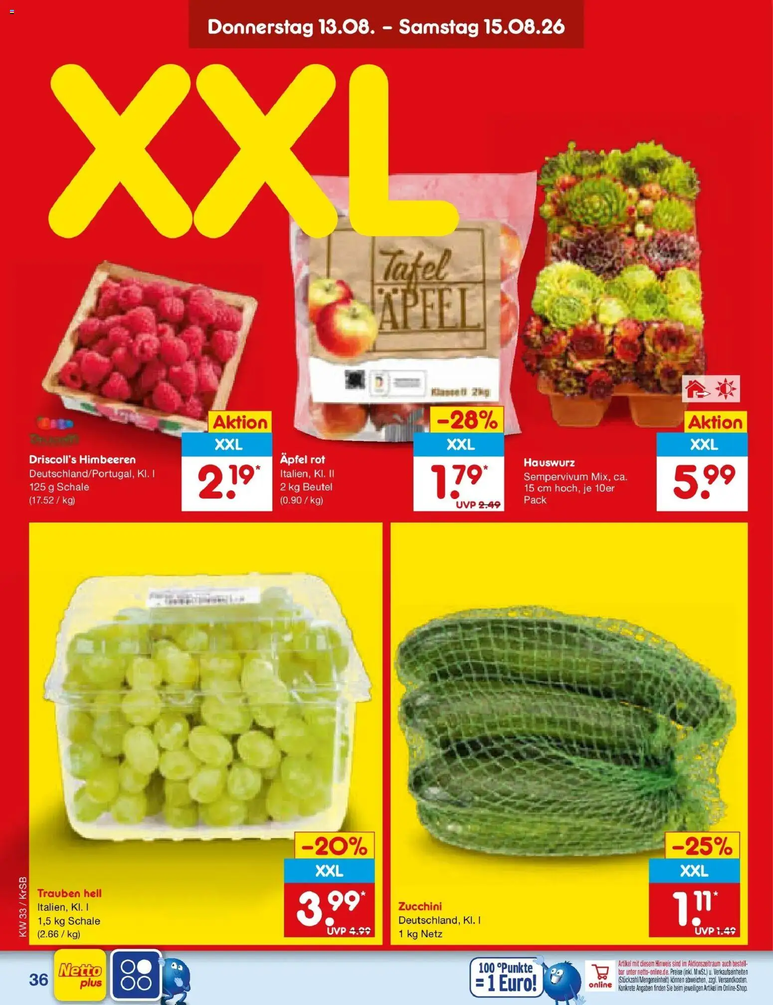 Netto Marken-Discount Prospekt Jüchen (ab 10.08.2026) » Angebote | Seite: 50 | Produkte: Himbeeren, Trauben, Äpfel, Zucchini