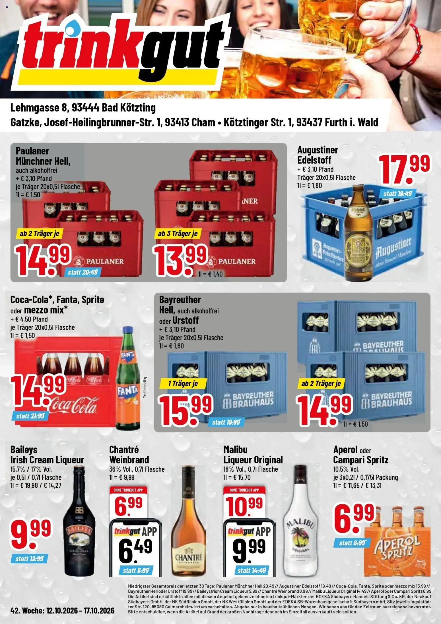 Trinkgut Prospekt Bad Kötzting (ab 12.10.2026) » Angebote online | Seite: 1 | Produkte: Bayreuther hell, Fanta, Sprite, Bad