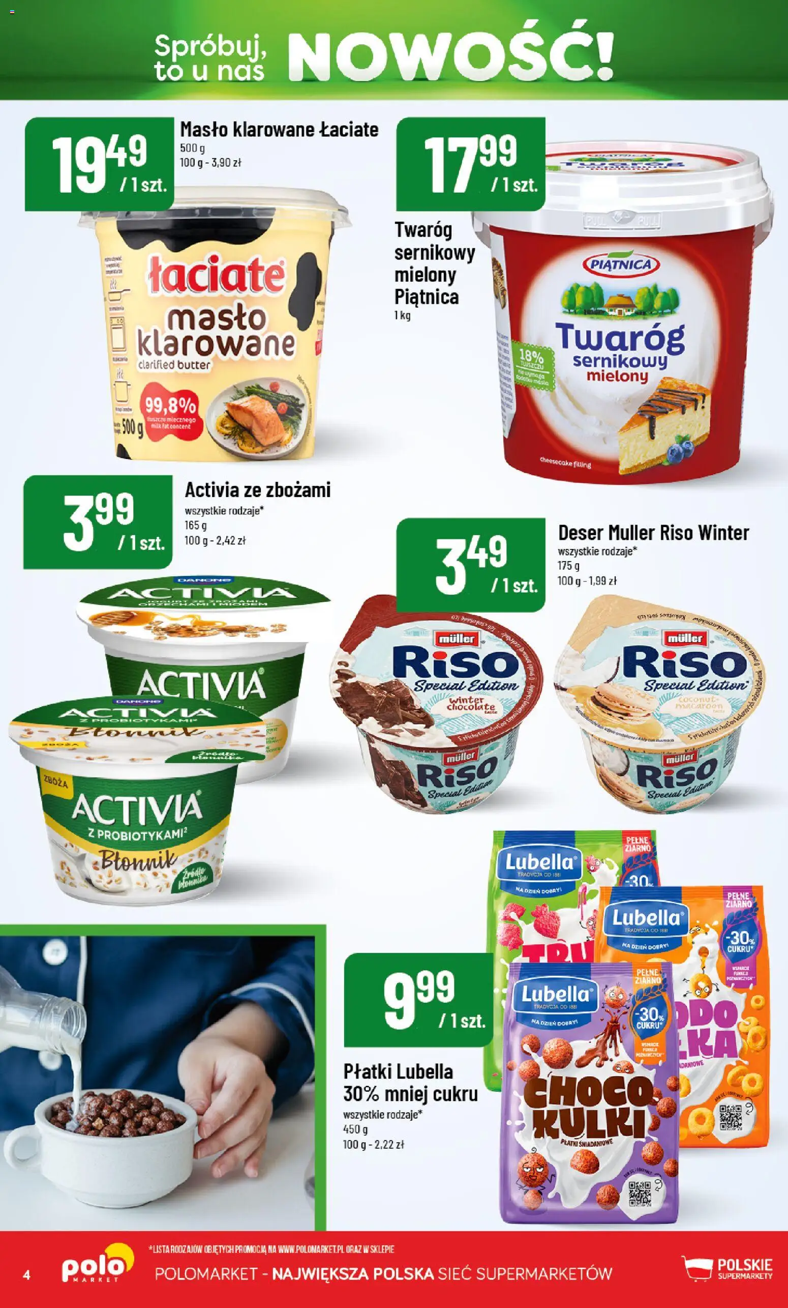 Nowa POLOmarket gazetka od jutra 08.10.2026 | Strona: 4 | Produkty: Piątnica, Zboża, Masło, Twaróg