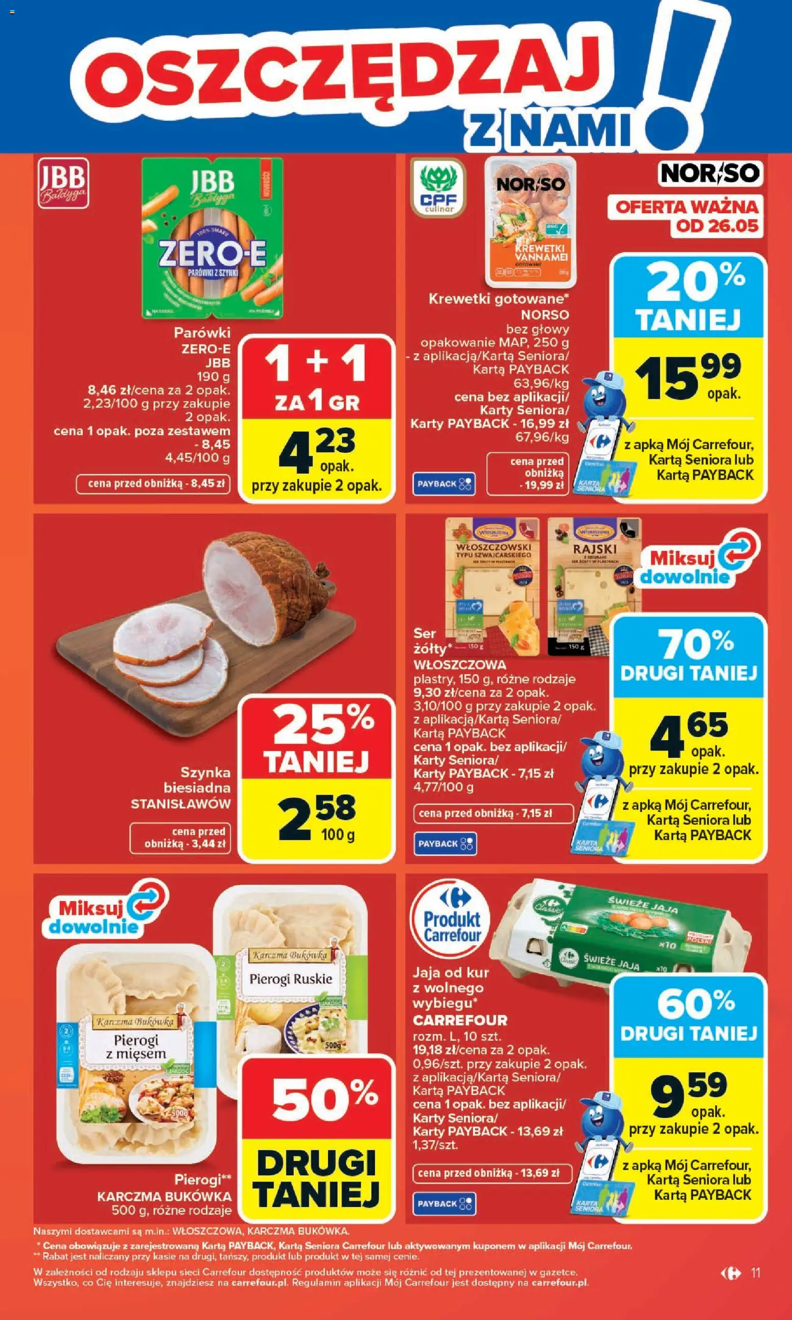 Carrefour gazetka - Zmieniliśmy Się Dla Ciebie od 25.05.2026 | Strona: 11 | Produkty: Karta, Pierogi, Krewetki, Parówki