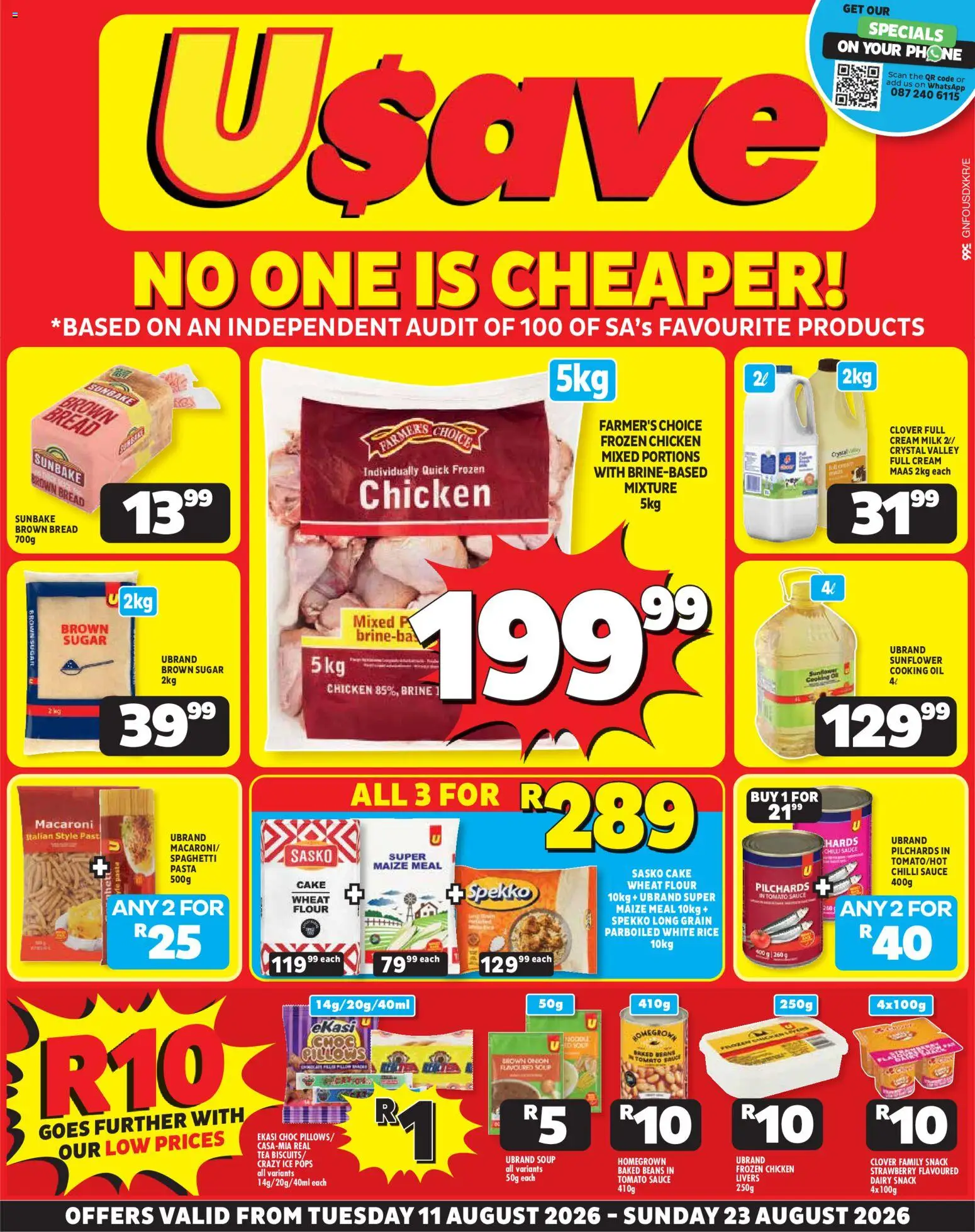 New Usave catalogue – valid from 11/08/2026 | Page: 1 | Products: Maize meal, Milk, Chicken, Tea