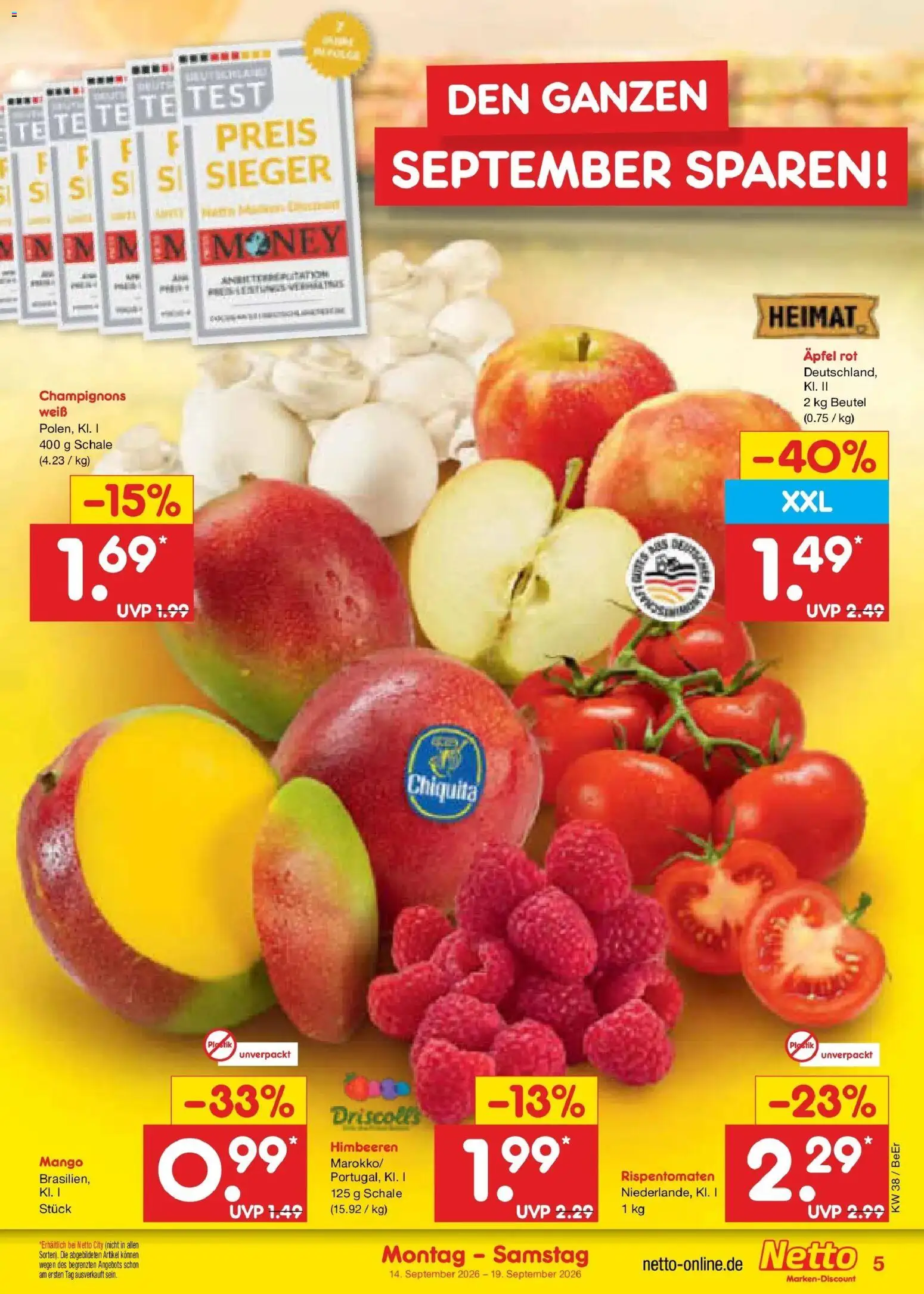 Netto Marken-Discount Prospekt Naumburg – gültig ab 14.09.2026 | Seite: 7 | Produkte: Himbeeren, Äpfel, Champignons, Mango