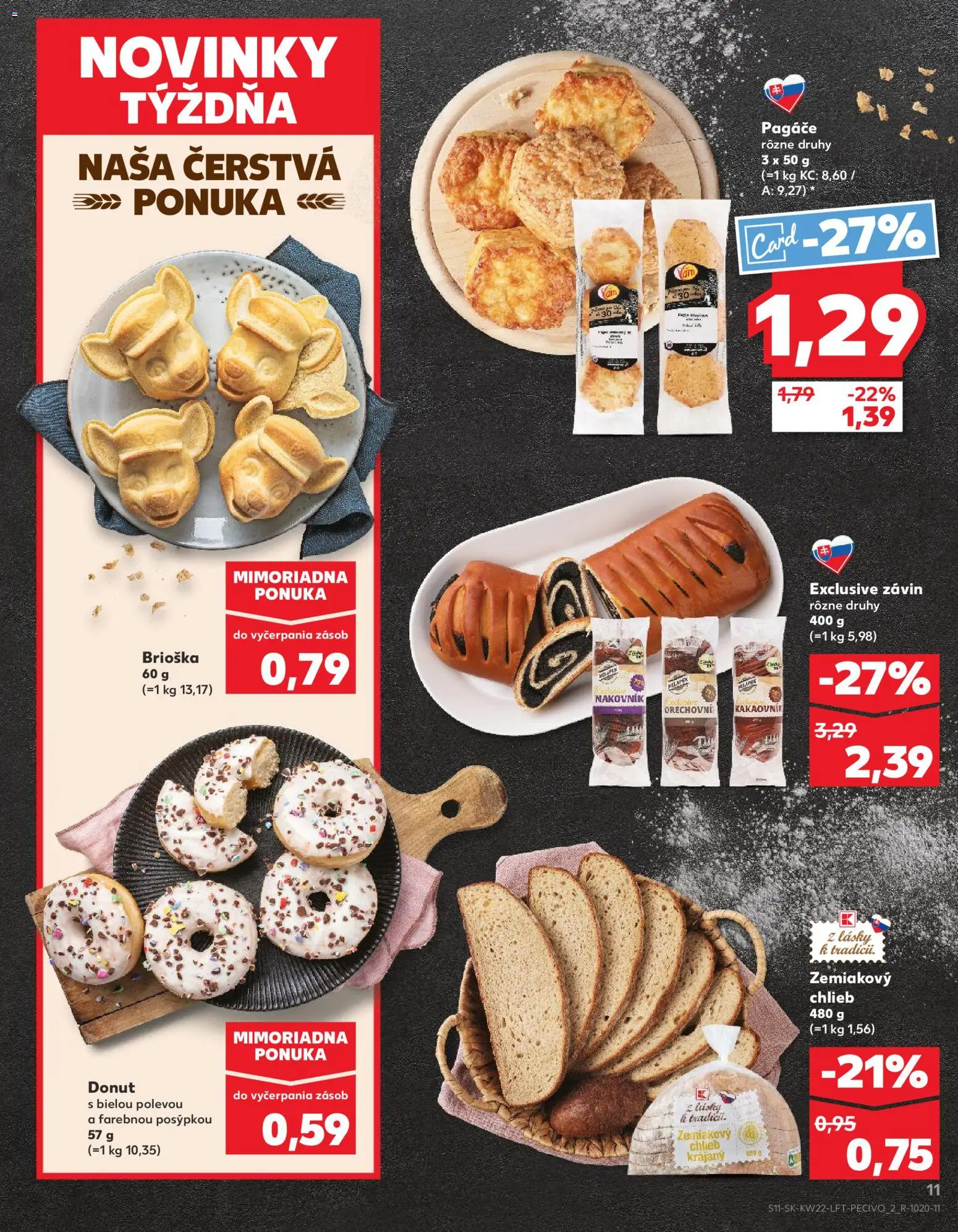Nové Kaufland akcie – leták je platný od 28.05.2026 | Strana: 11 | Produkty: Chlieb, Donut, Závin, Brioška