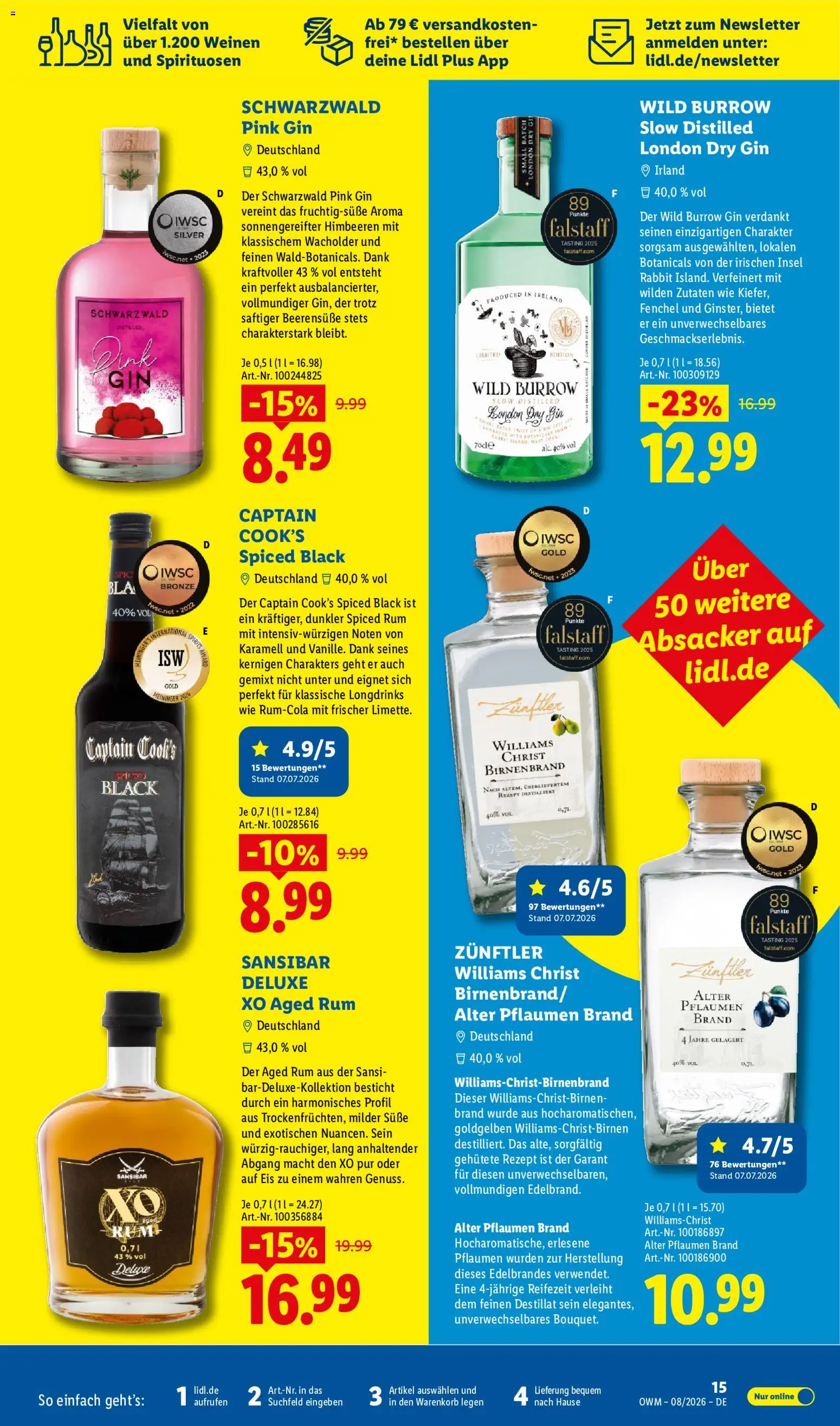 Lidl Prospekt Wein & Spirituosen – gültig ab 01.08.2026 | Seite: 15 | Produkte: Pflaumen, Rum, Gin, Eis