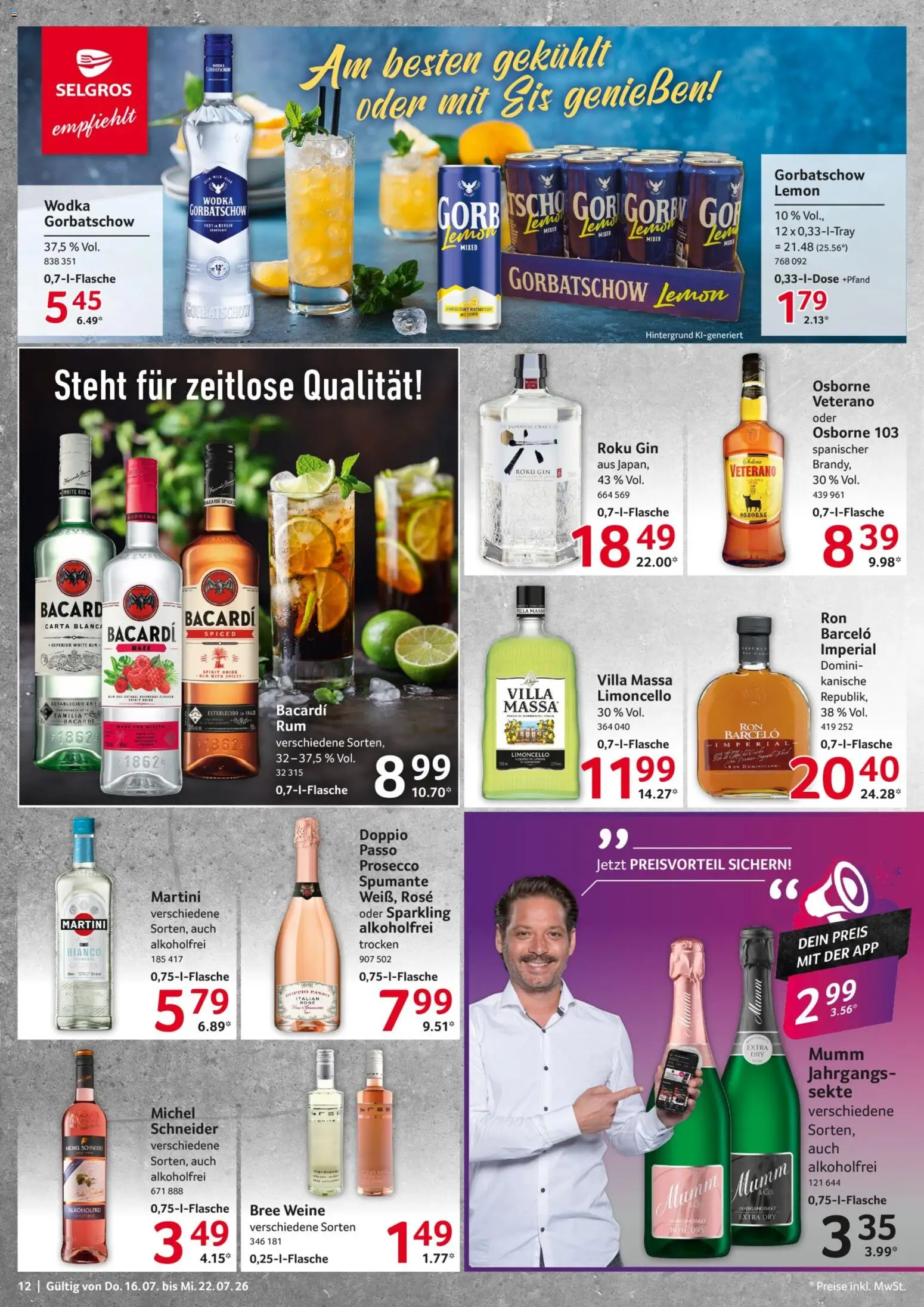 Selgros Prospekt – gültig ab 16.07.2026 | Seite: 12 | Produkte: Martini, Bacardi, Osborne, Prosecco