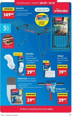 Pogląd oferty "Pokrowiec na deskę do prasowania Rapid, uniwersalny rozmiar, łatwy montaż, odbija parę, przyśpiesza prasowanie" - ważna od 26.09.2026 | Strona: 9 | Produkty: Suszarka, Pokrowiec na deskę do prasowania, Miotełka do kurzu, Vileda