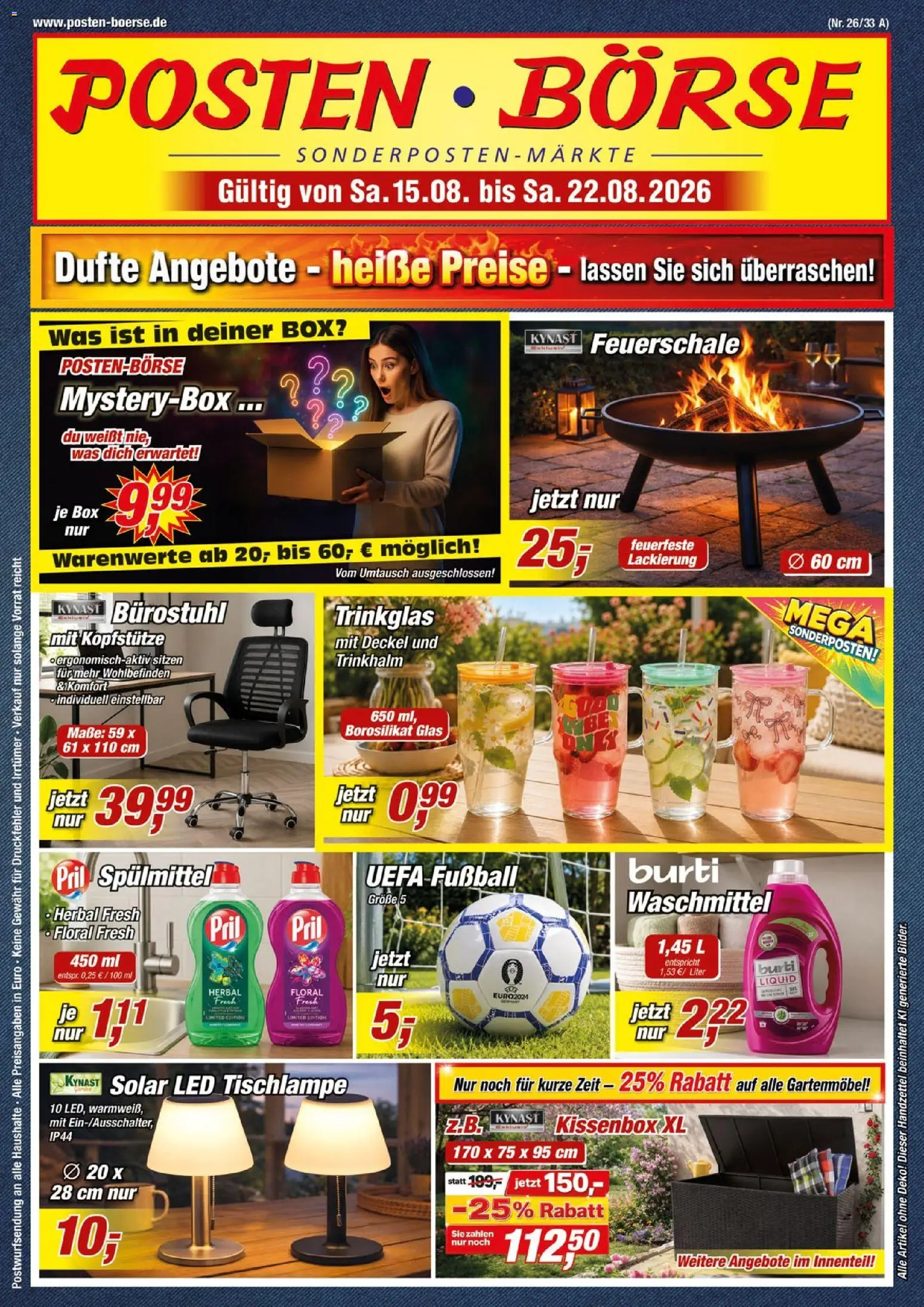 Posten Börse Prospekt – gültig ab 15.08.2026 | Seite: 1 | Produkte: Gartenmöbel, Fußball, Waschmittel, Pril