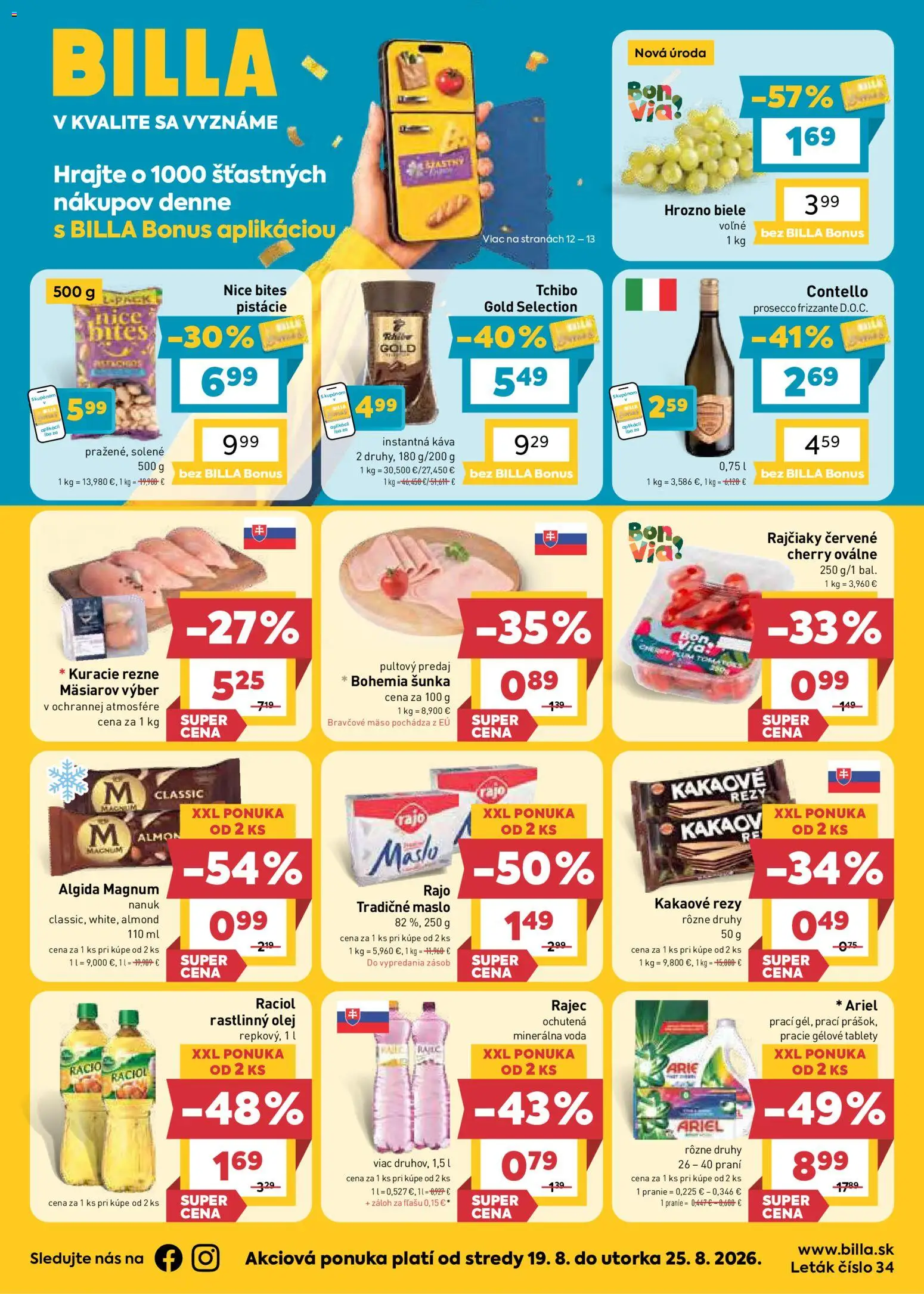 Nové Billa akcie – leták je platný od 19.08.2026 | Strana: 1 | Produkty: Rajec, Magnum, Bravčové mäso, Minerálna voda