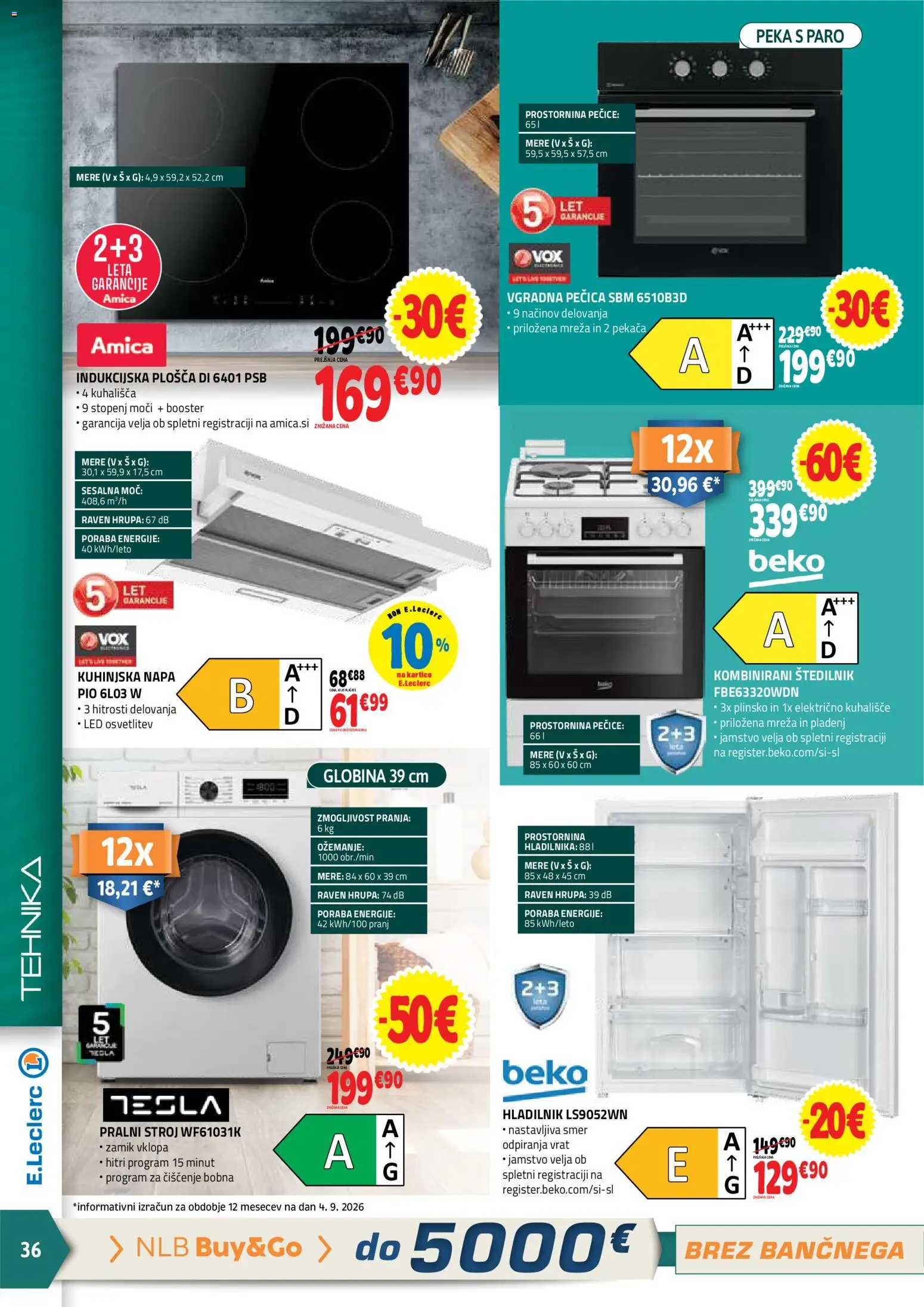 Novi E.leclerc katalog ponudbe – veljaven od 16.09.2026 | Stran: 36 | Izdelki: Pralni stroj, Pecica, Štedilnik, Kuhališče