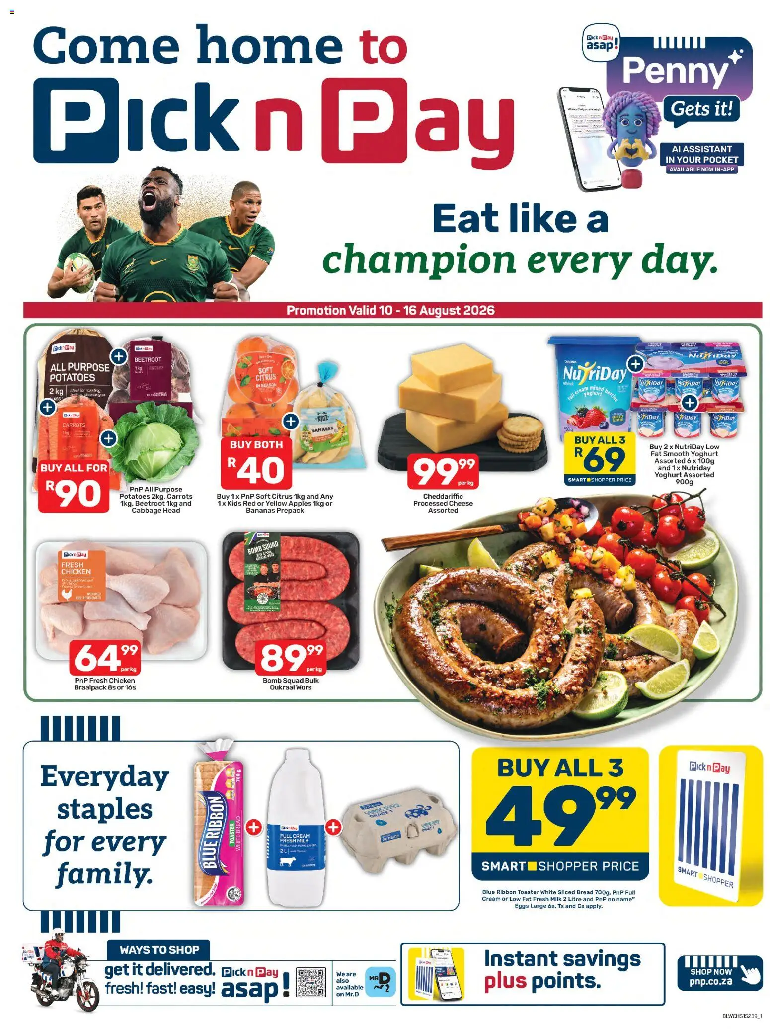 New Pick n Pay catalogue – valid from 10/08/2026 | Page: 1 | Products: Milk, Bread, Carrots, Potatoes