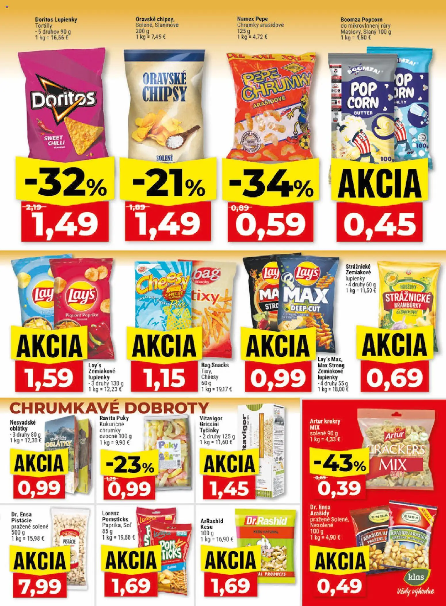 Nové Klas akcie – leták je platný od 17.08.2026 | Strana: 20 | Produkty: Chipsy, Soľ, Kešu, Pistácie