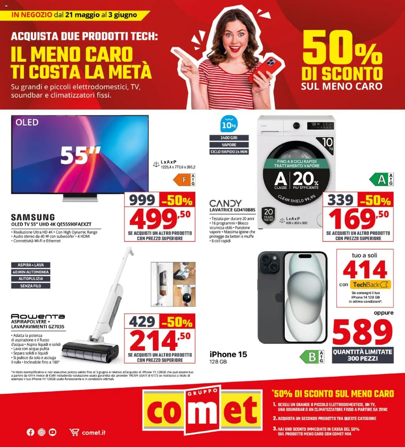 Volantino Comet del 21.05.2026 | Pagina: 1 | Prodotti: Iphone, Acqua, Lavatrice, Audio