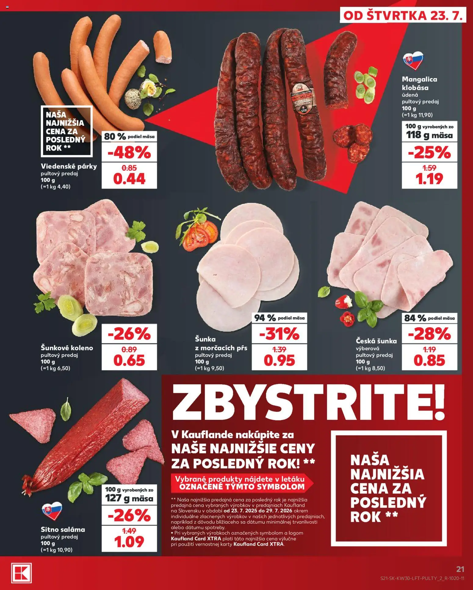 Nové Kaufland akcie – leták je platný od 23.07.2026 | Strana: 21 | Produkty: Saláma, Šunka, Klobása, Párky
