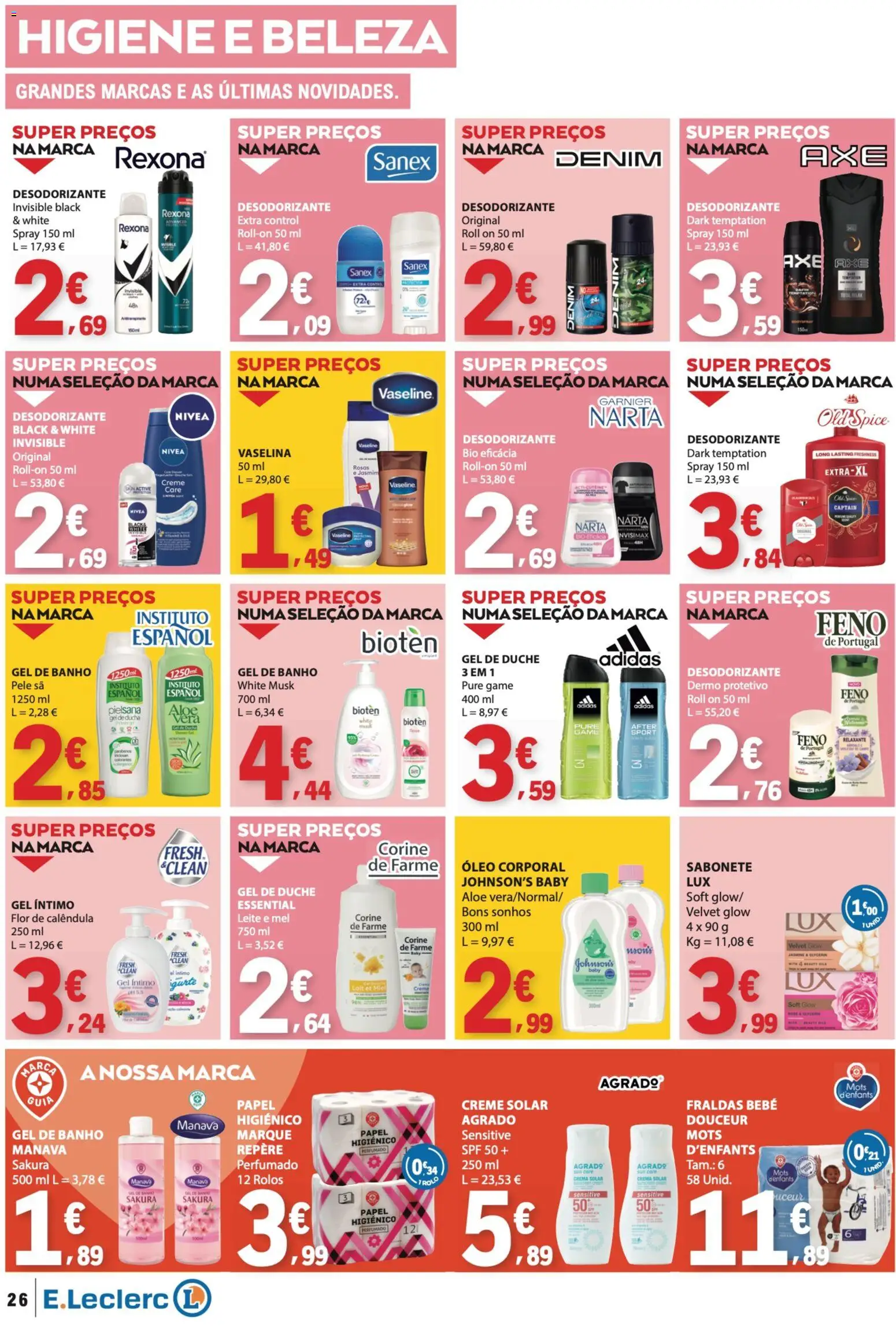 E.Leclerc folheto │ válido de 30.04.2026 | Página: 26 | Produtos: Papel higiénico, Gel de banho, Desodorizante, Leite