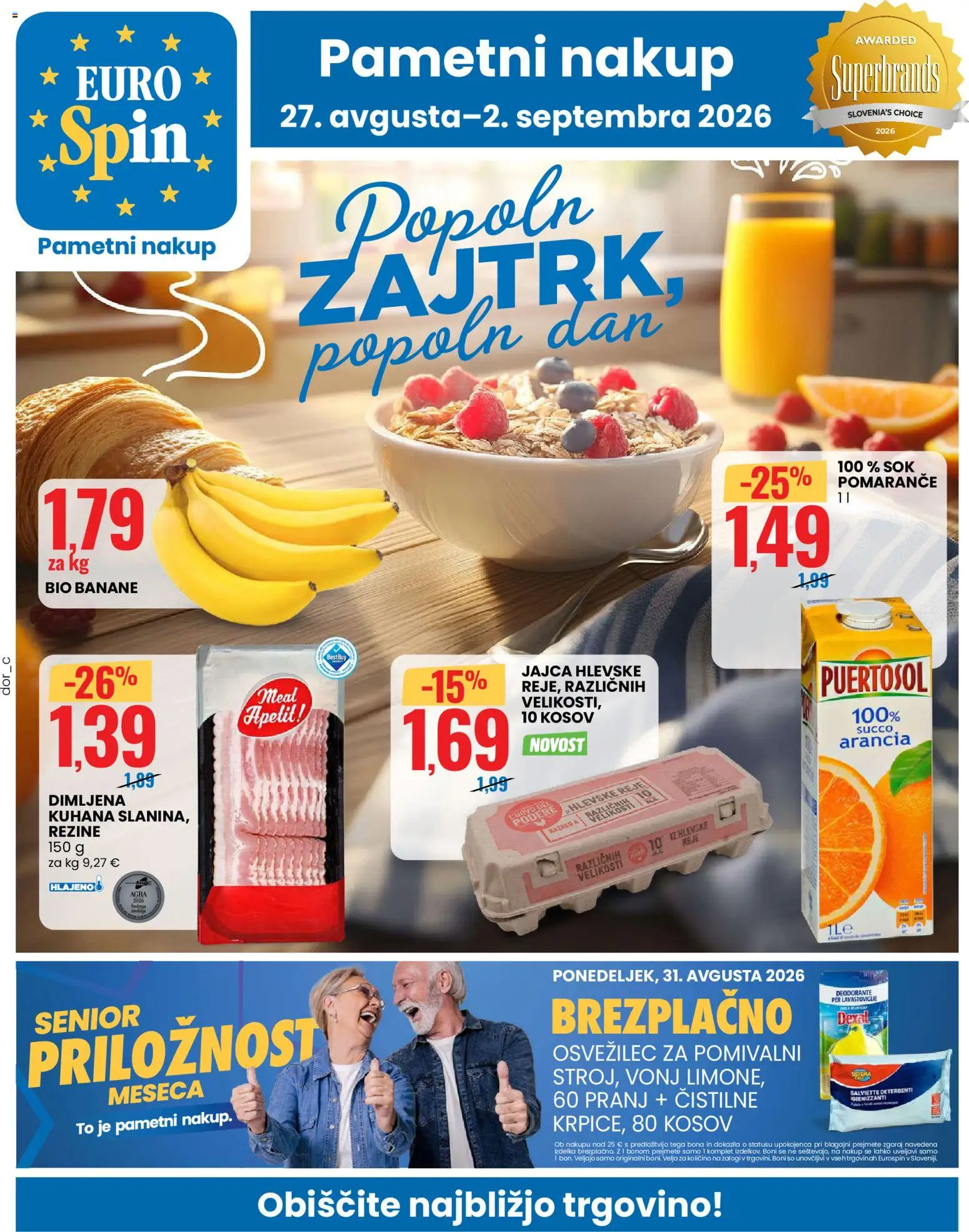Novi Eurospin katalog ponudbe – veljaven od 27.08.2026 | Stran: 1 | Izdelki: Jajca, Sok, Pomarance, Banane