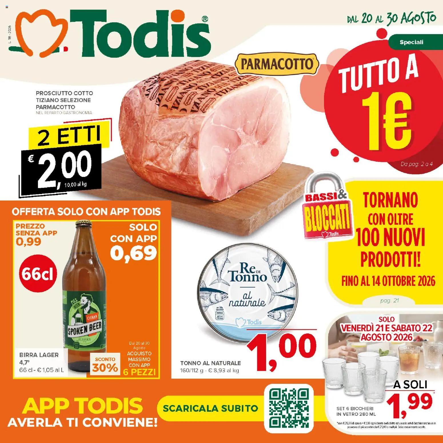Volantino Todis del 20/08/2026 | Pagina: 1 | Prodotti: Prosciutto Cotto, Birra, Tonno, Tonno al naturale