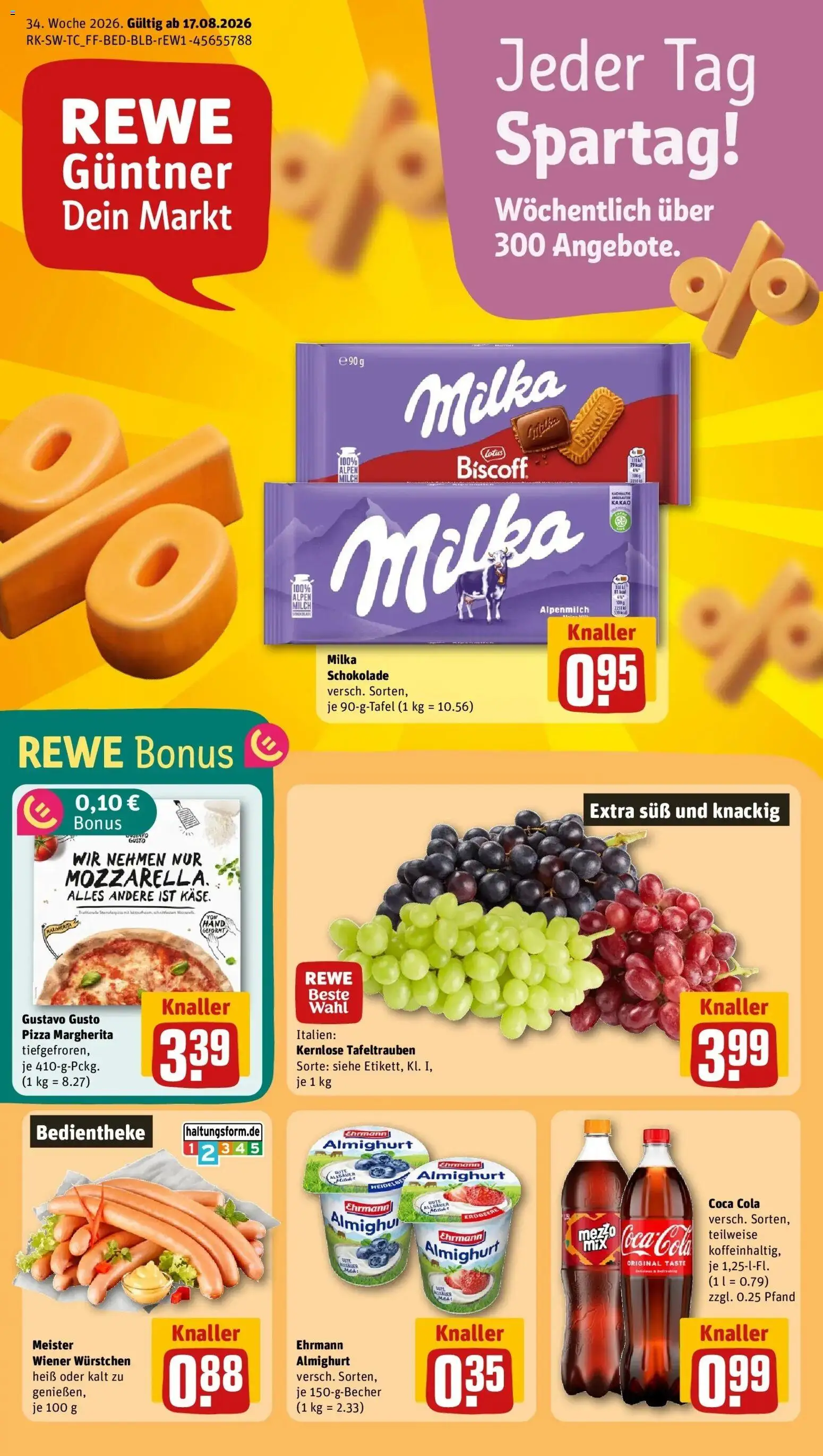REWE Prospekt ab 17.08.2026 zum Blättern » Angebote | Seite: 1 | Produkte: Gustavo gusto, Wiener wurstchen, Milka schokolade, Pizza