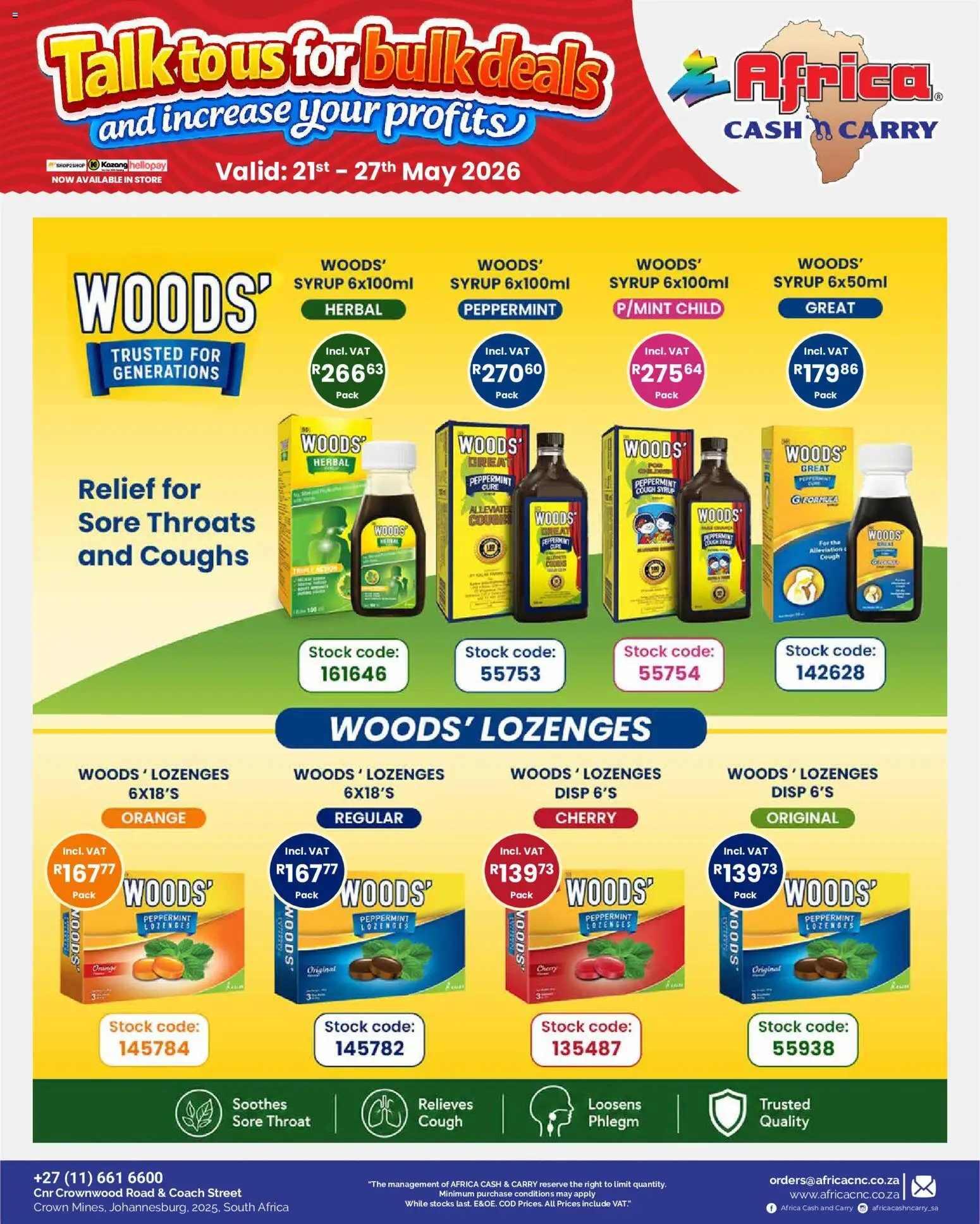 New Africa Cash & Carry catalogue – valid from 21.05.2026 | Page: 9 | Products: Cough syrup, Lozenges, Stock, Syrup