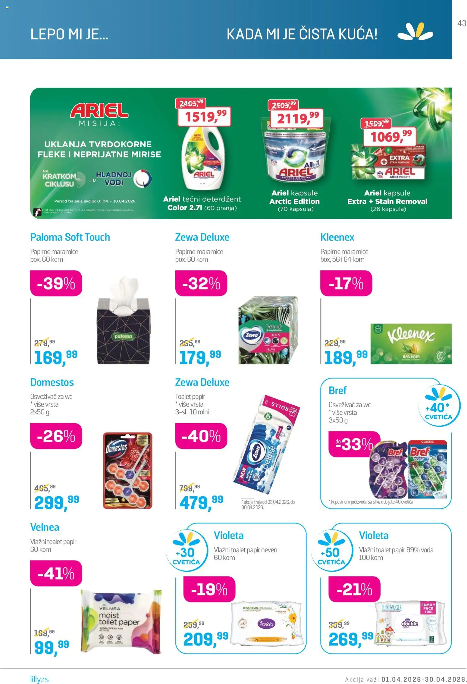 Lilly drogerie katalog - važi od 01.04.2026 | Strana: 43 | Proizvode: Deterdžent, Bref, Ariel, Voda