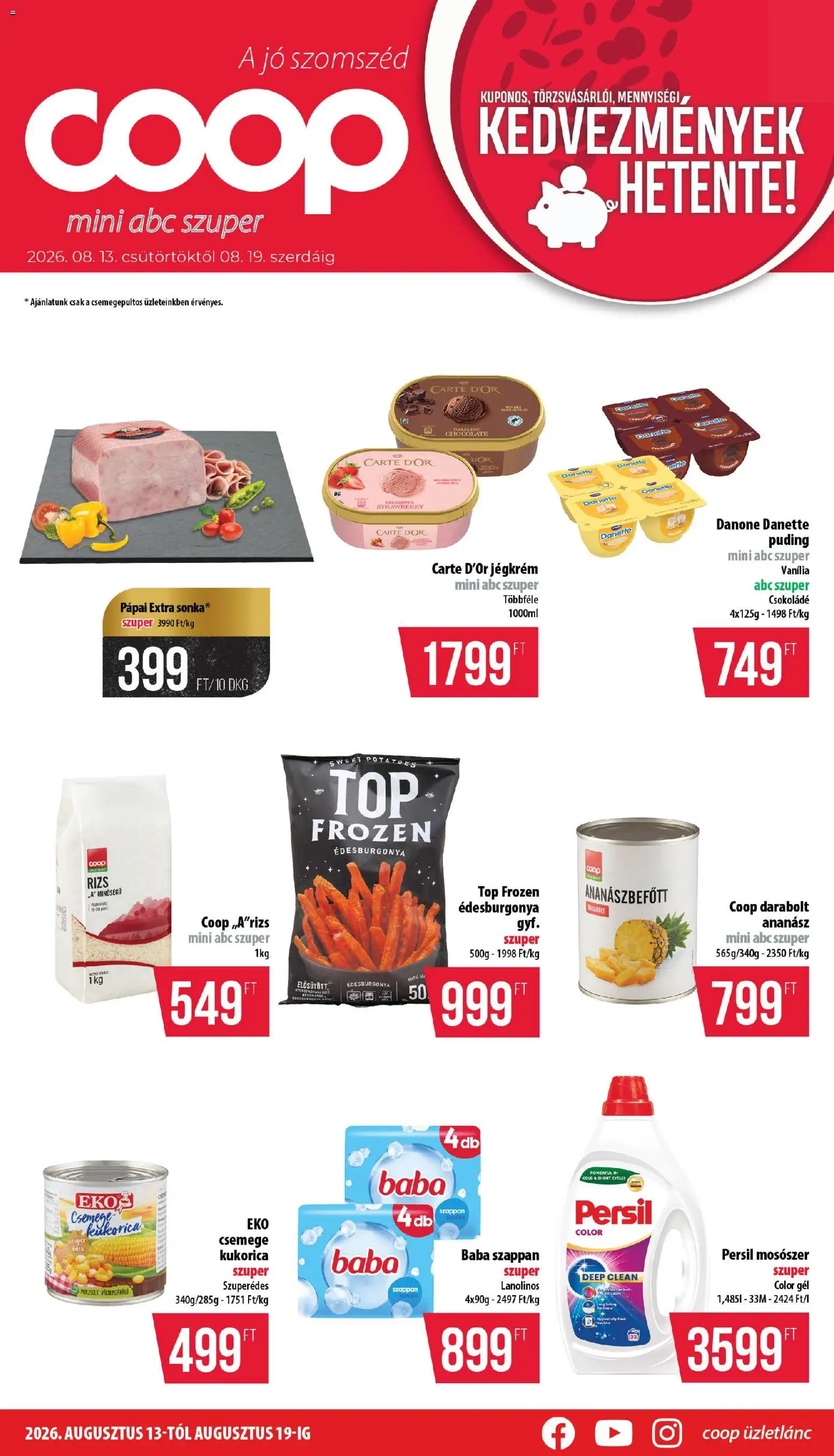 COOP akciós ujság - amely érvényes a következő dátumtól: 2026.08.13. | Oldal: 1 | Termékek: Kukorica, Rizs, Mosószer, Baba