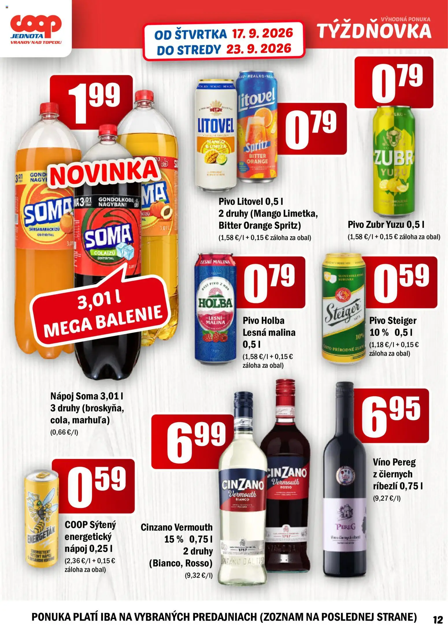Nové COOP Jednota akcie – leták je platný od 17.09.2026 | Strana: 12 | Produkty: Pivo, Cinzano, Steiger, Mango