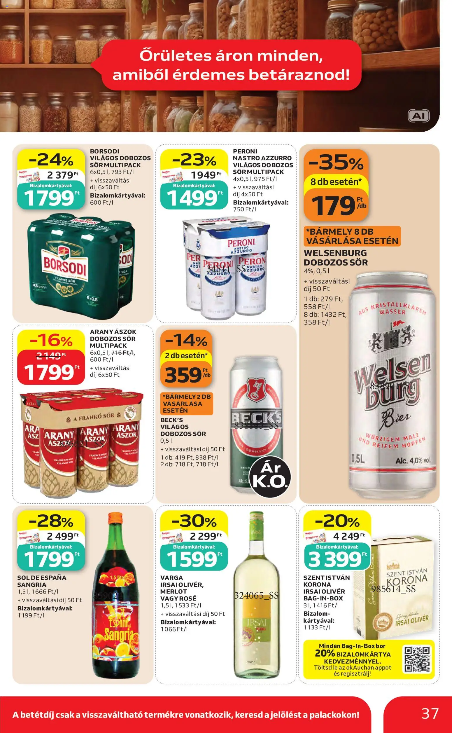 Auchan akciós ujság - amely érvényes a következő dátumtól: 2026.08.27. | Oldal: 37 | Termékek: Lé, Borsodi, Bor, Sör