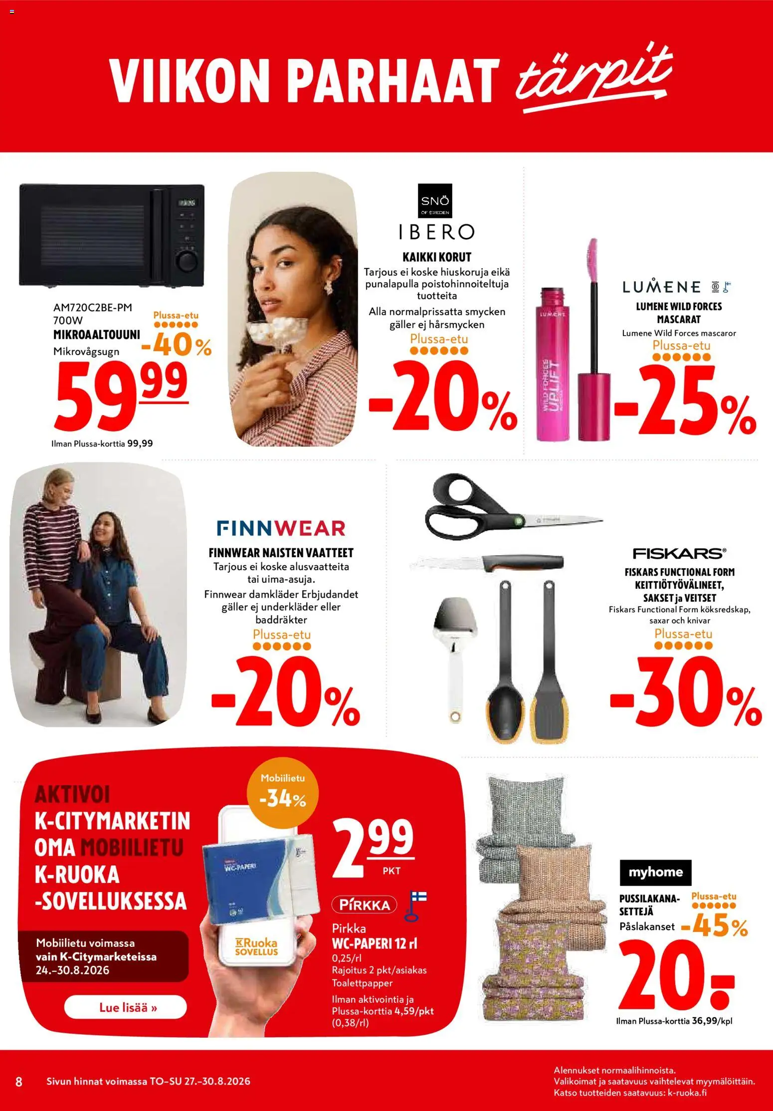K-Citymarket tarjoukset – voimassa 27/08/2026 alkaen | Sivu: 8 | Tuotteet: Mikroaaltouuni, Sakset, Vaatteet