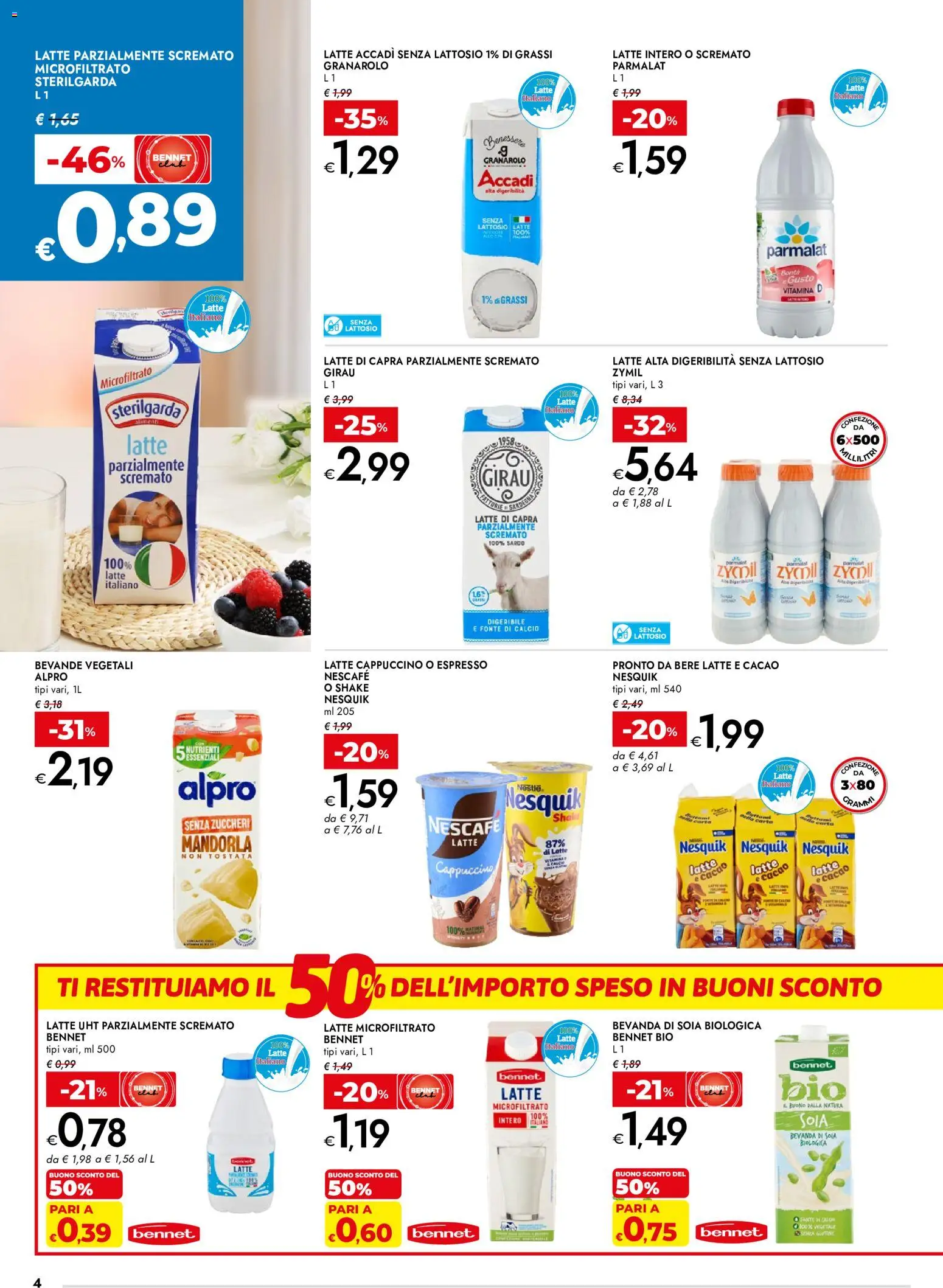 Volantino bennet del 03/09/2026 | Pagina: 4 | Prodotti: Mandorla, Latte parzialmente scremato, Nescafé, Bevanda di soia