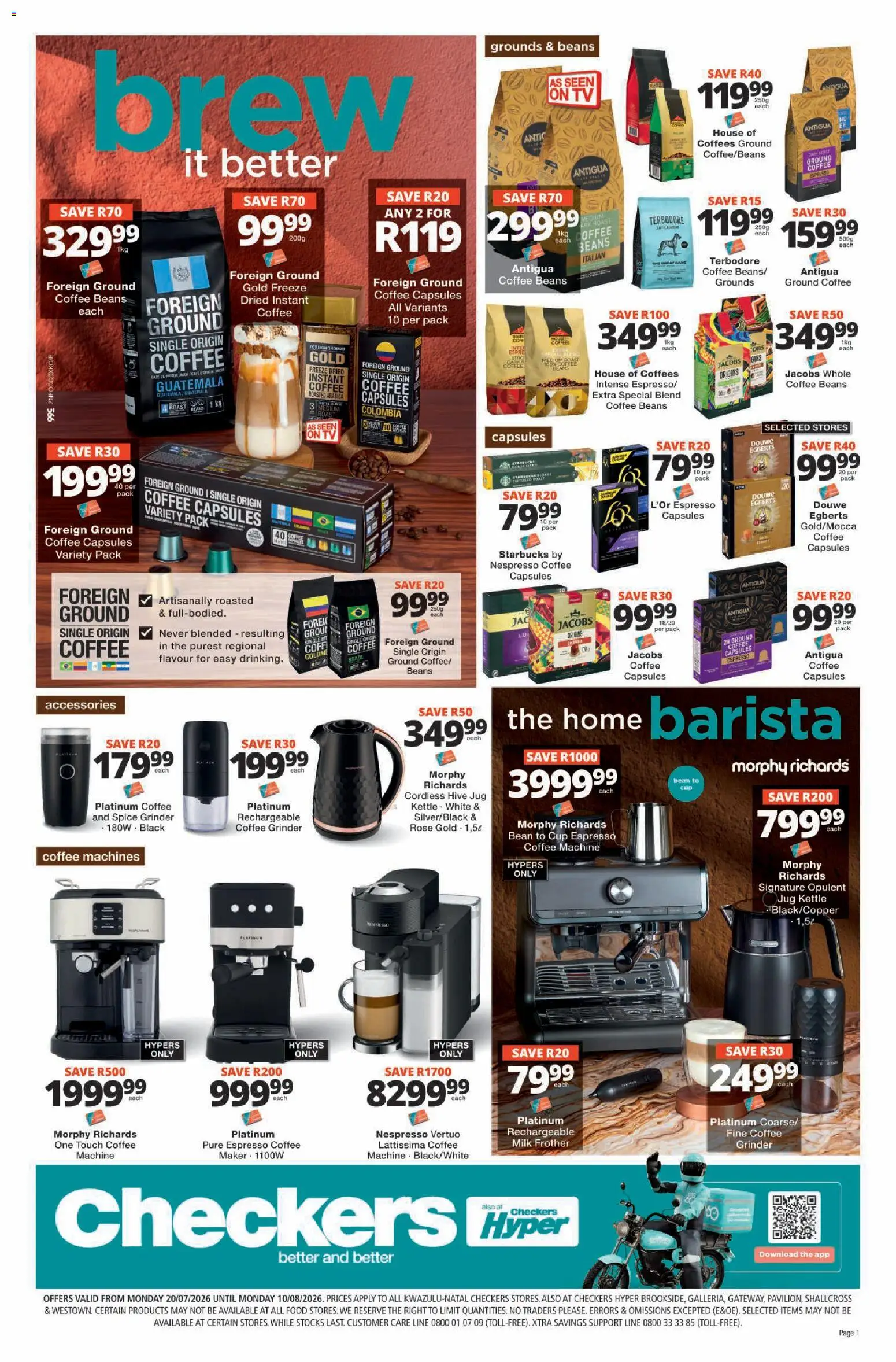 New Checkers catalogue – valid from 20/07/2026 | Page: 1 | Products: Kettle, Milk frother, Milk, Coffee