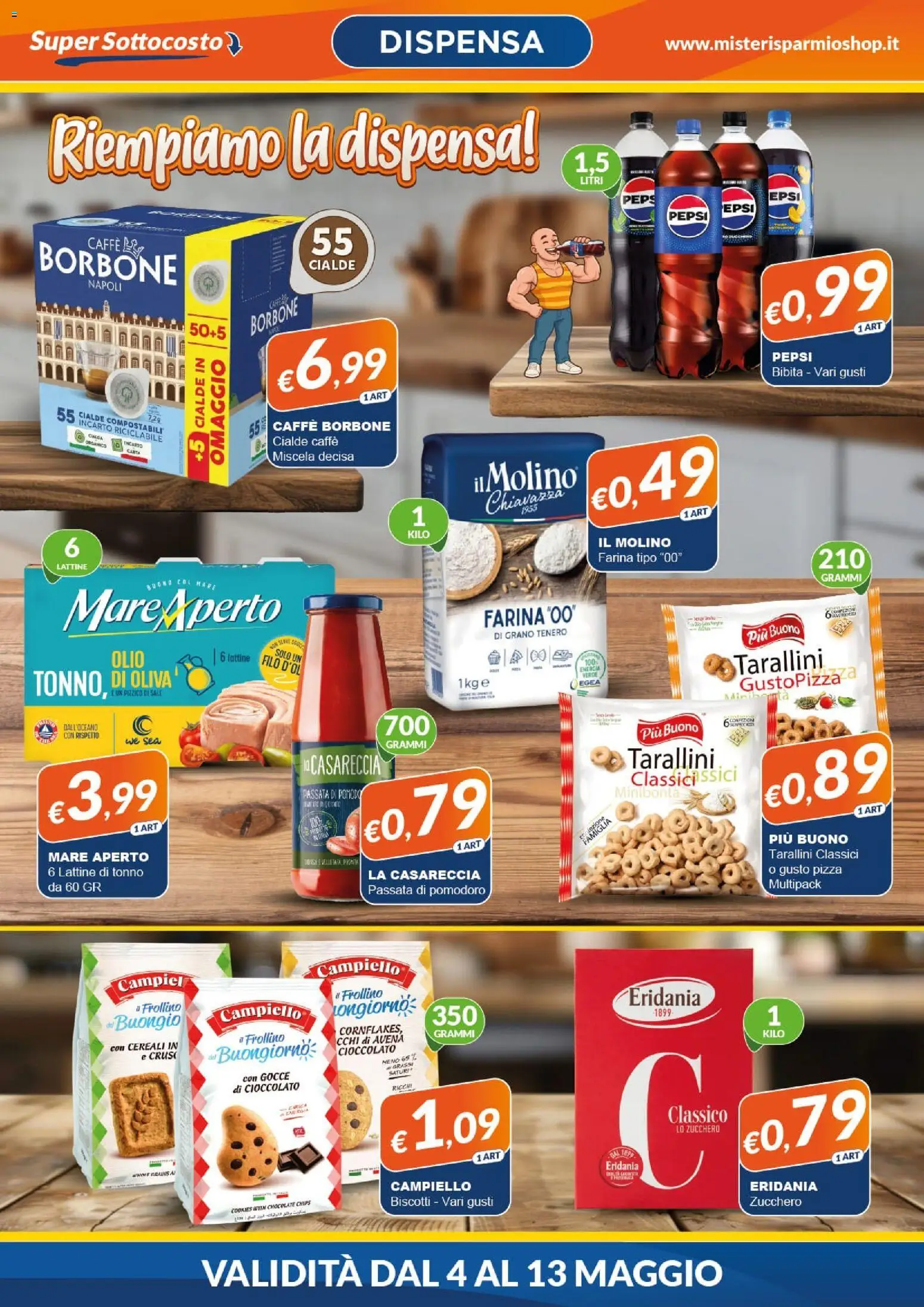 Volantino Mister Risparmio del 04.05.2026 | Pagina: 2 | Prodotti: Cereali, Sale, Zucchero, Pepsi