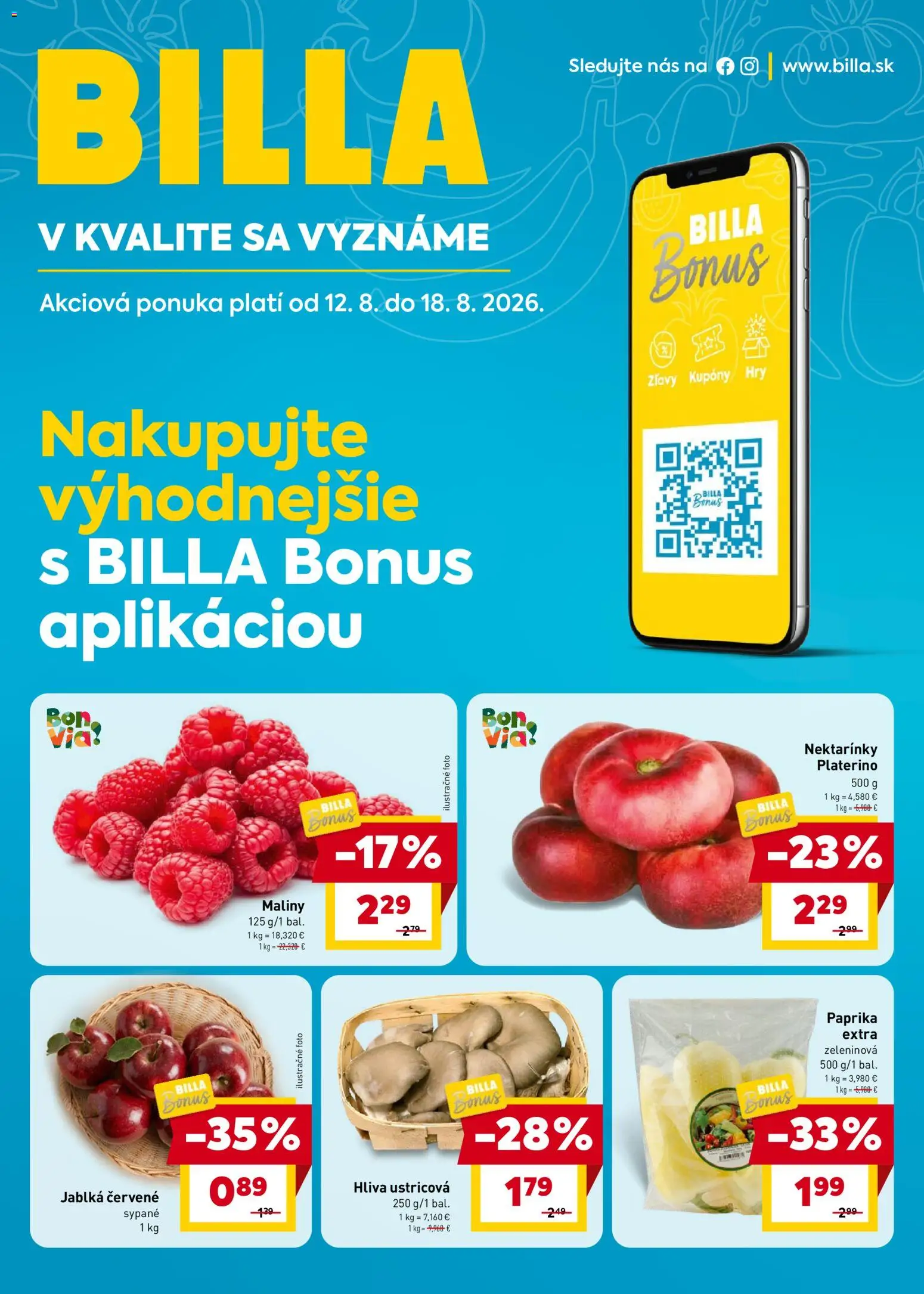 Nové Billa akcie – leták je platný od 12.08.2026 | Strana: 1 | Produkty: Paprika, Jablká, Nektárinky, Maliny