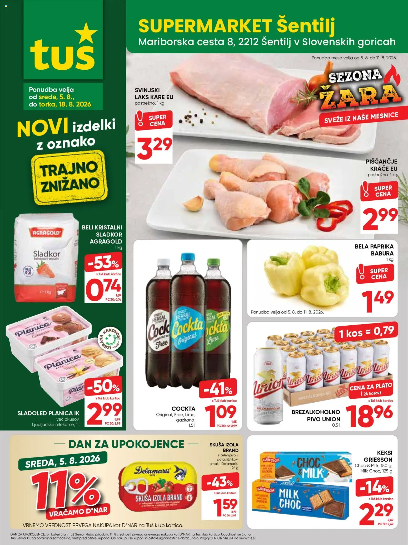 Novi Tuš katalog ponudbe – veljaven od 05.08.2026 | Stran: 25 | Izdelki: Keksi, Kos, Sladoled, Sladkor