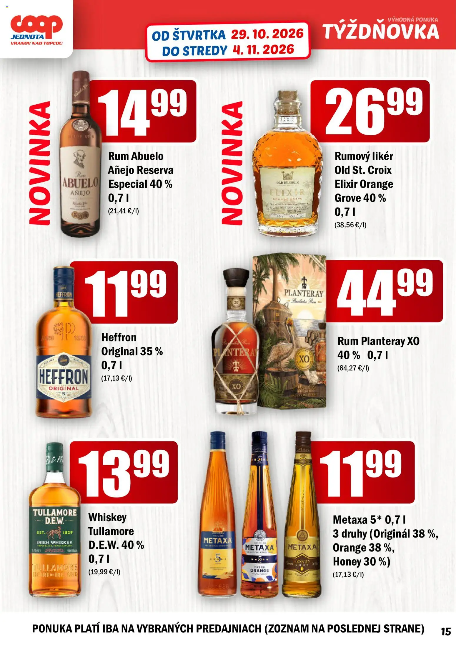 Nové COOP Jednota akcie – leták je platný od 29.10.2026 | Strana: 15 | Produkty: Metaxa, Metaxa 5*, Rum