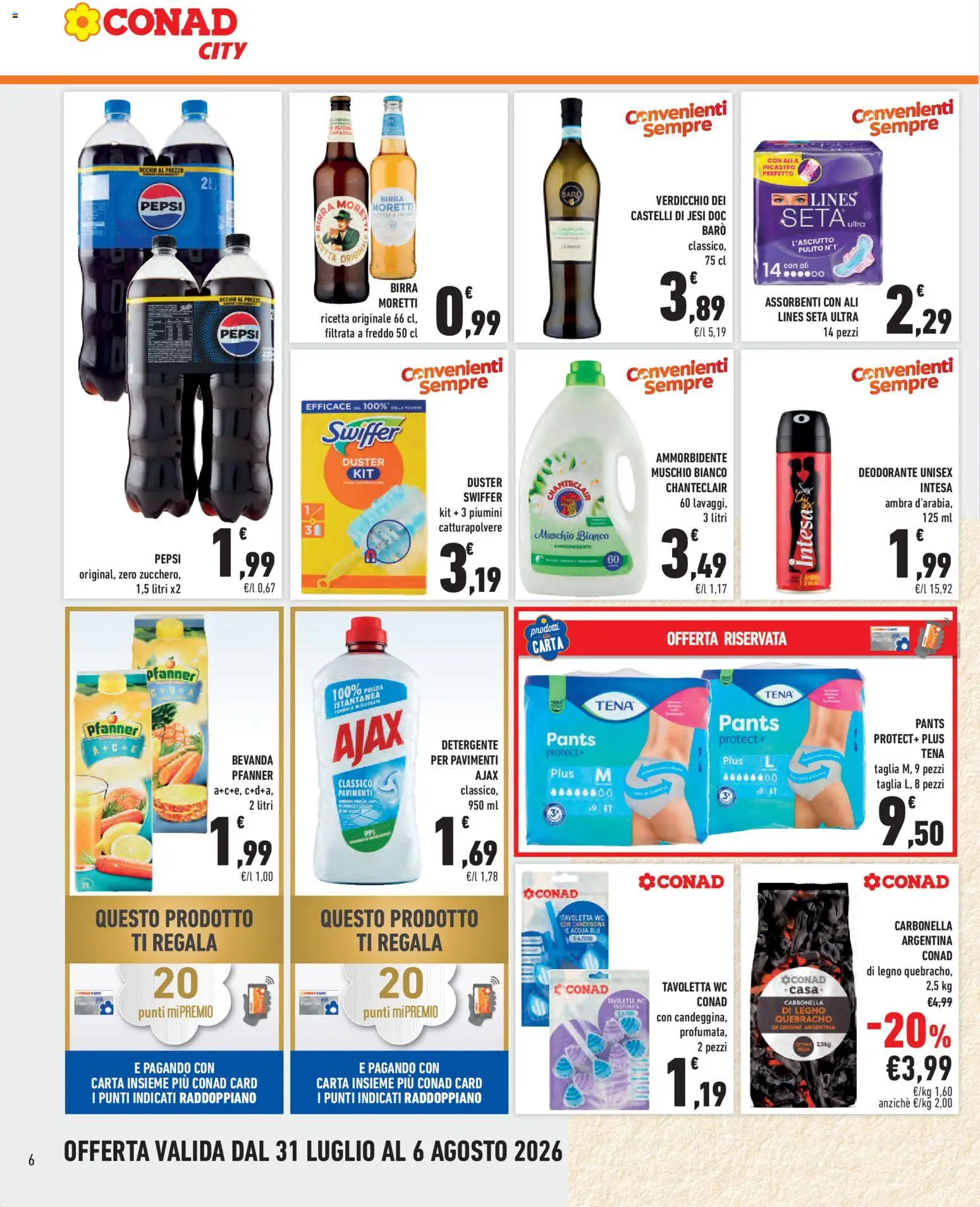 Volantino Conad del 31/07/2026 | Pagina: 6 | Prodotti: Tavoletta wc, Deodorante, Acqua, Birra Moretti