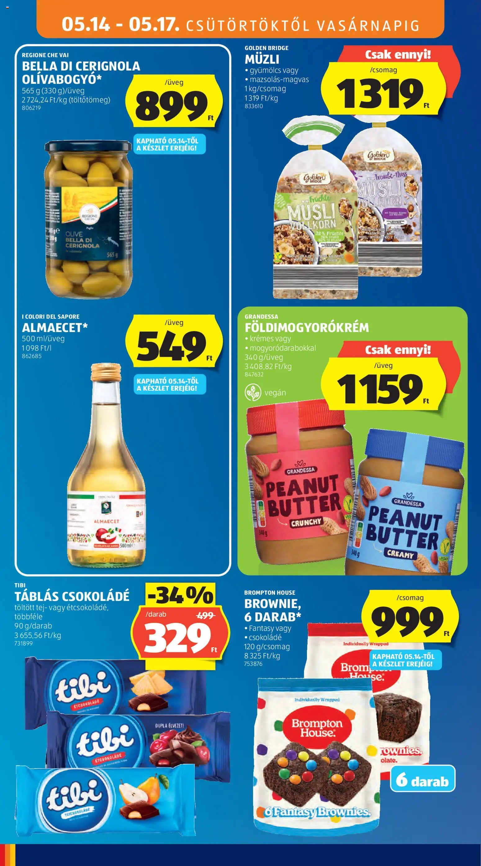 Aldi akciós ujság - amely érvényes a következő dátumtól: 14.05.2026 | Oldal: 14 | Termékek: Gyümölcs, Étcsokoládé, Tej, Brownie