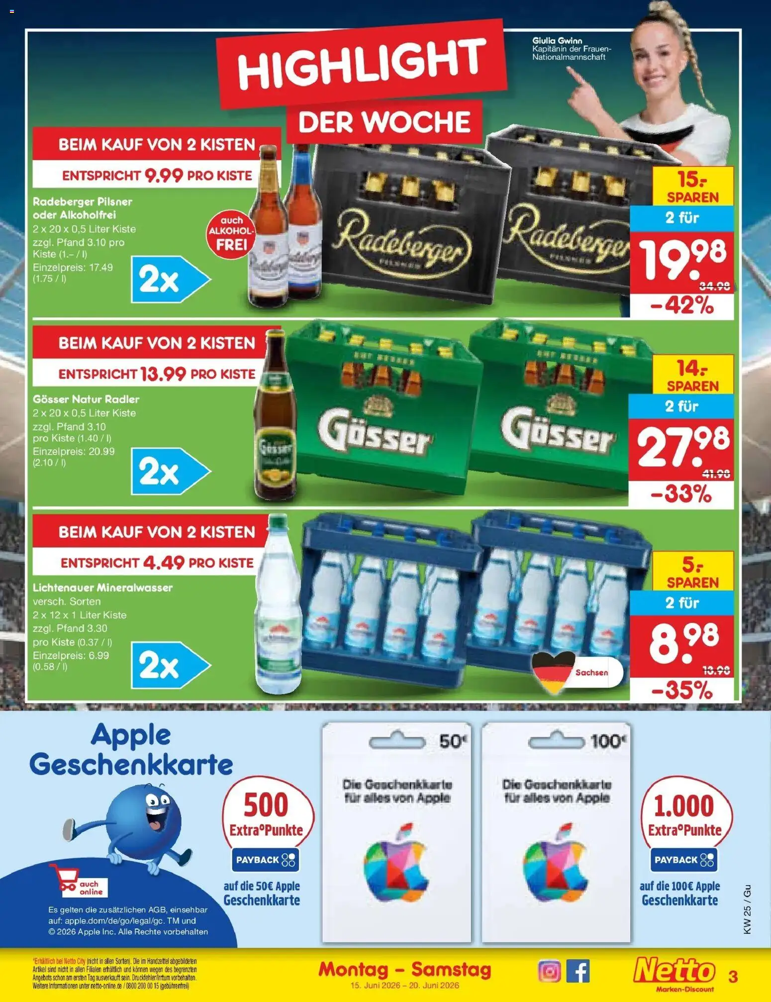 Netto Marken-Discount Prospekt Augustusburg – gültig ab 14.06.2026 | Seite: 3 | Produkte: Mineralwasser, Apple, Radler, Radeberger pilsner
