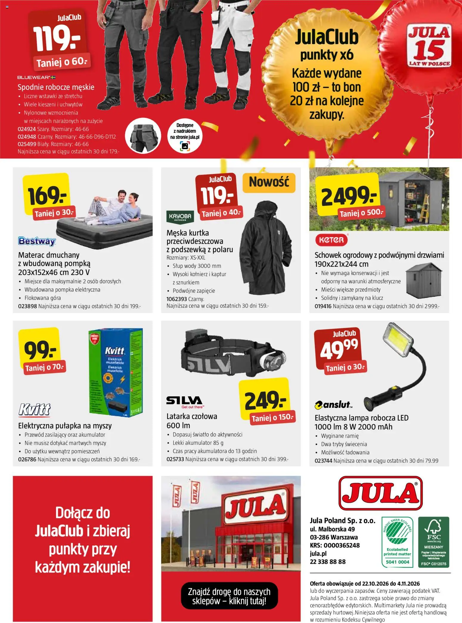 Jula gazetka od 22.10.2026 | Strona: 8 | Produkty: Spodnie, Spodnie robocze, Materac, Lampa