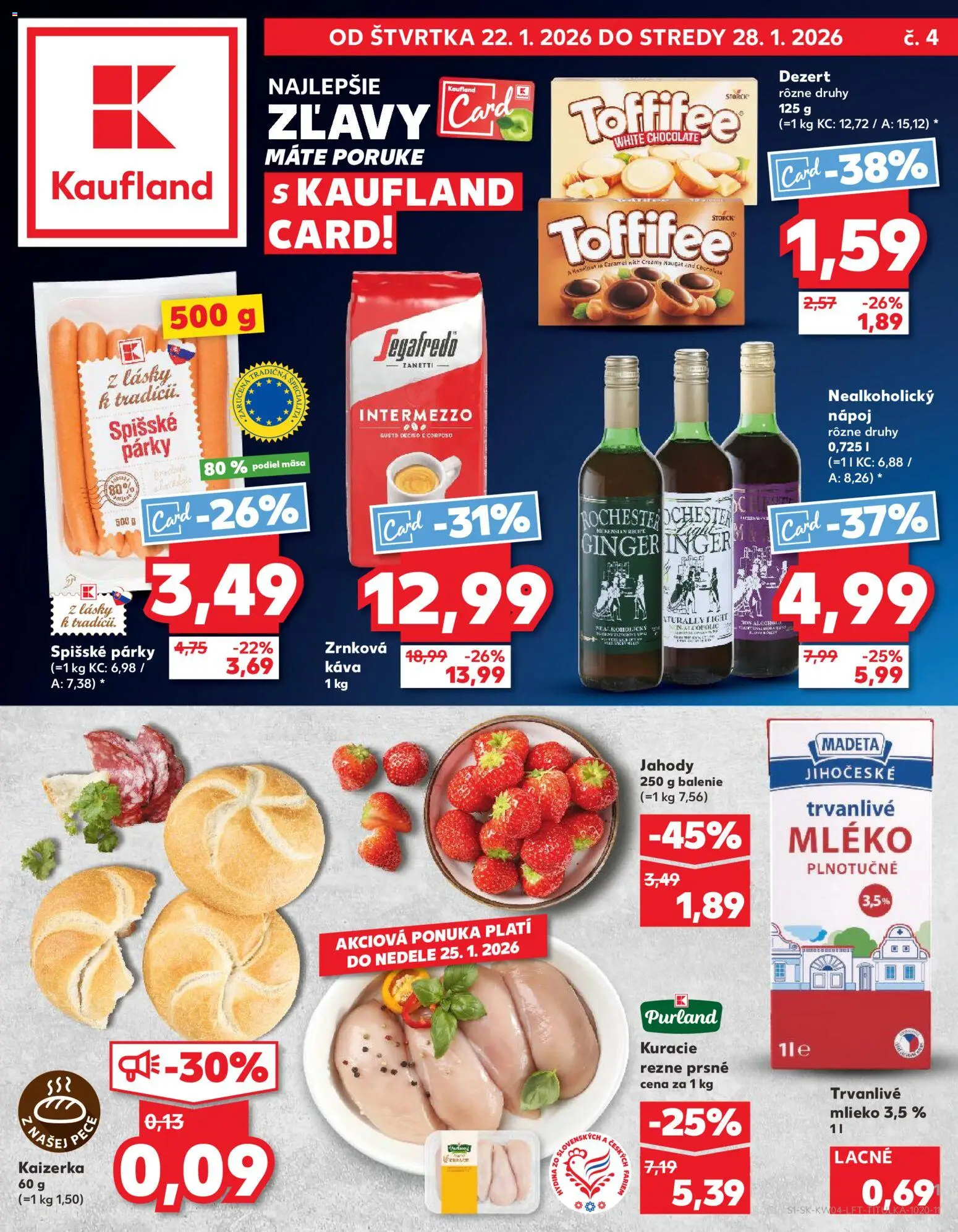 Nové Kaufland akcie – leták je platný od 22.01.2026 | Strana: 1 | Produkty: Mlieko, Káva, Toffifee, Párky