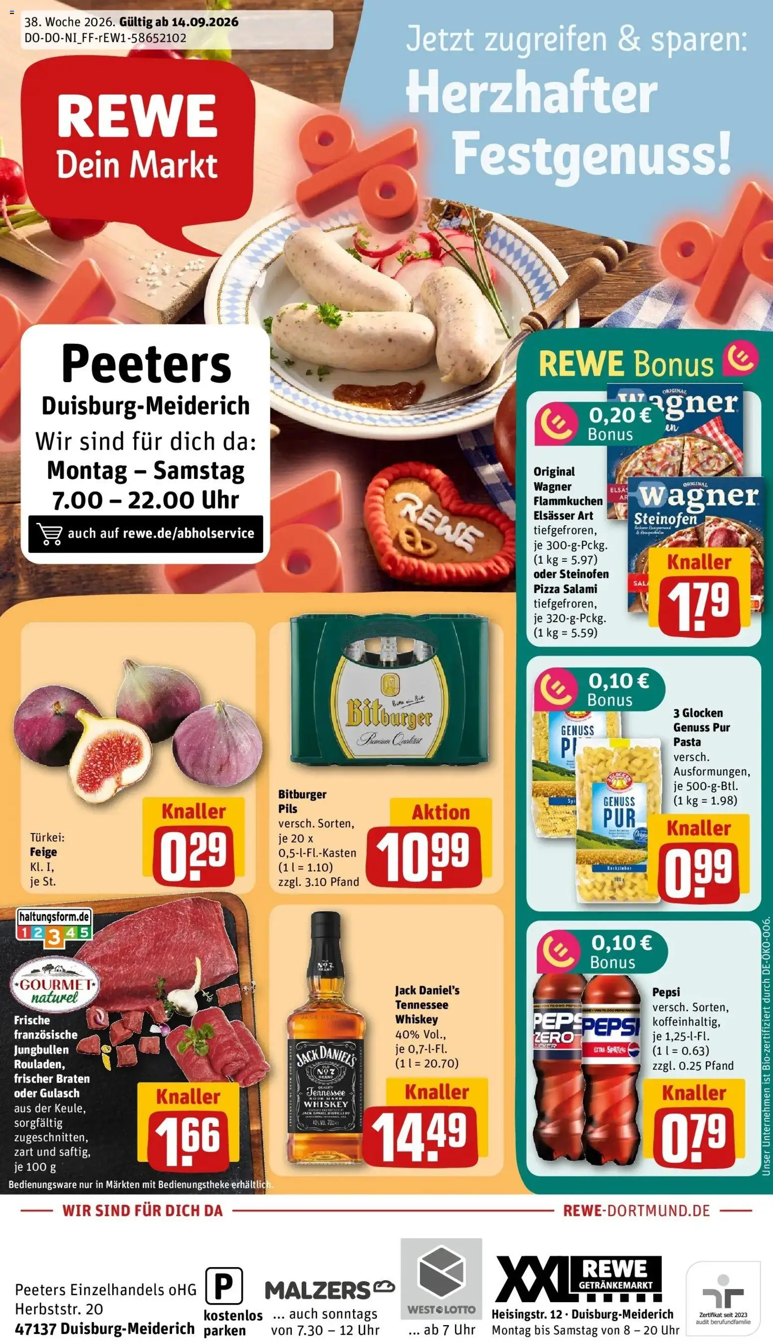 REWE Prospekt ab 14.09.2026 zum Blättern » Angebote | Seite: 1 | Produkte: Pasta, Salami, Pizza, Uhr