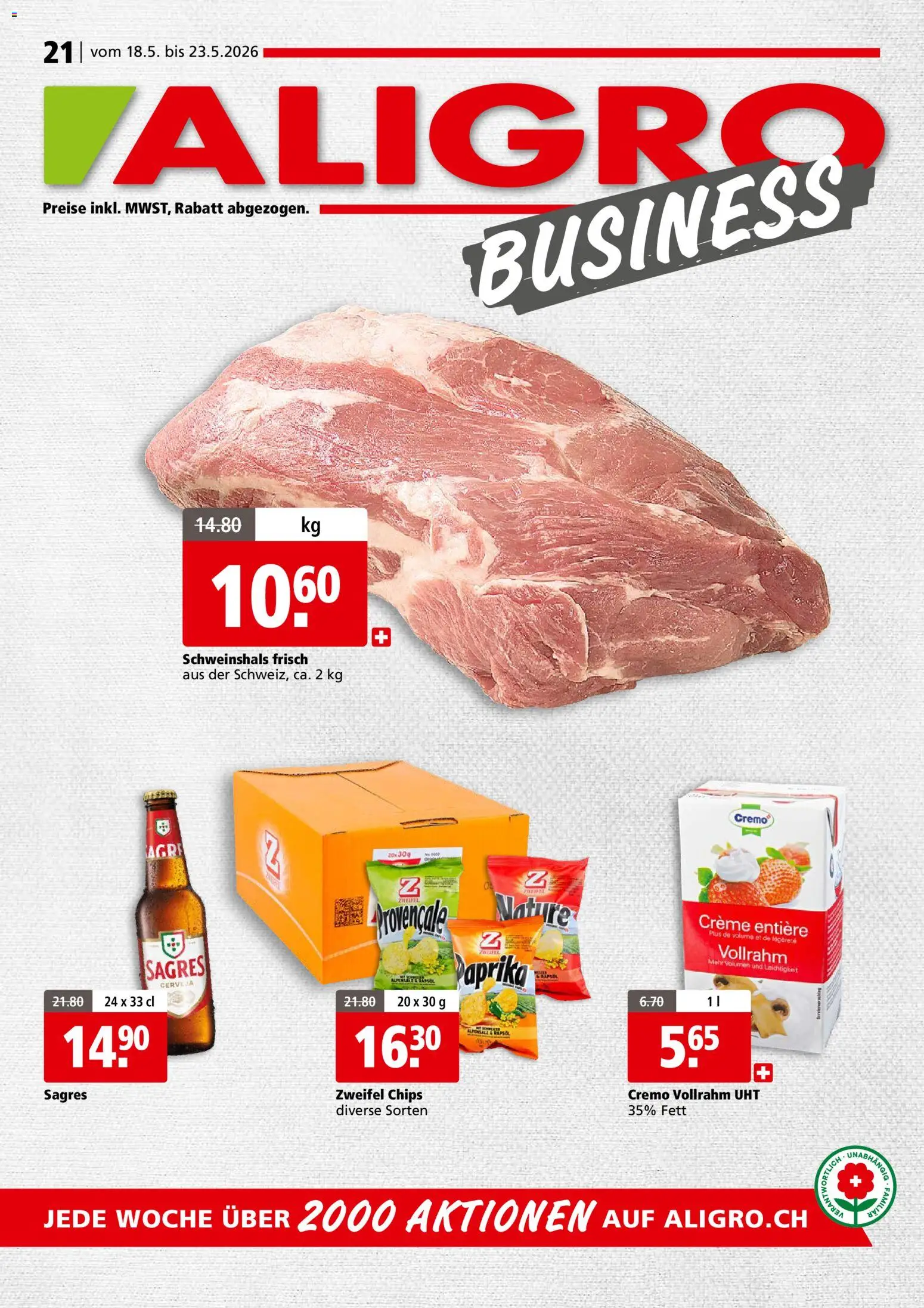 Aligro aktionen Business Schlieren, Gossau SG, Frauenfeld, Rapperswil-Jona, Sargans, Bern – gültig ab 18.05.2026 | Seite: 1 | Produkte: Chips, Creme