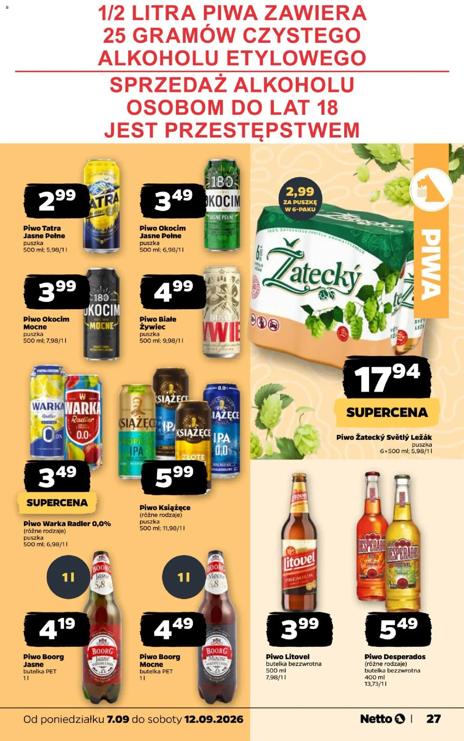 Netto gazetka od poniedziałku od 07.09.2026 | Strona: 27 | Produkty: Piwo książęce, Warka radler, Warka, Piwo