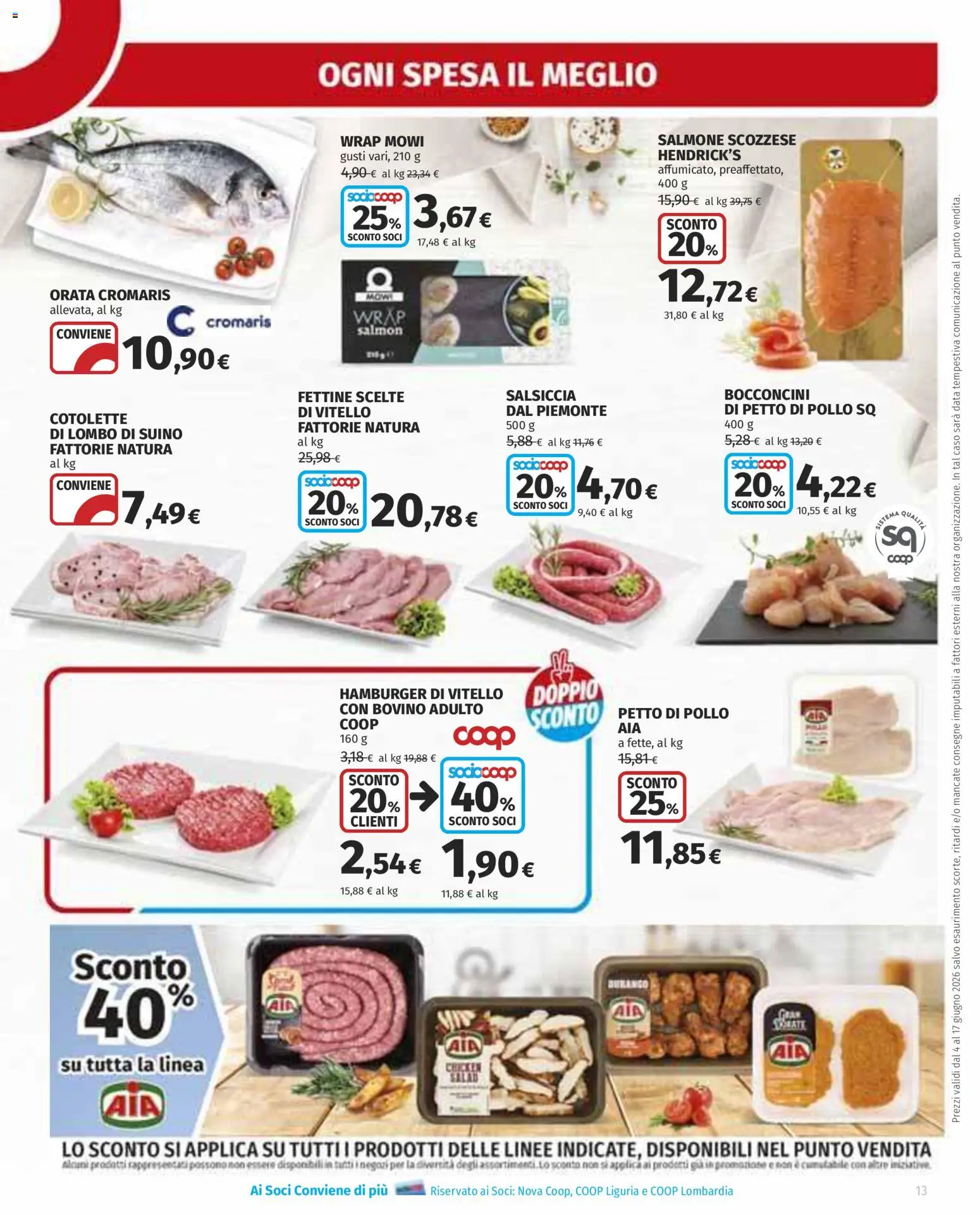 Volantino Ipercoop del 04.06.2026 | Pagina: 13 | Prodotti: Salmone, Orata, Salsiccia, Hamburger