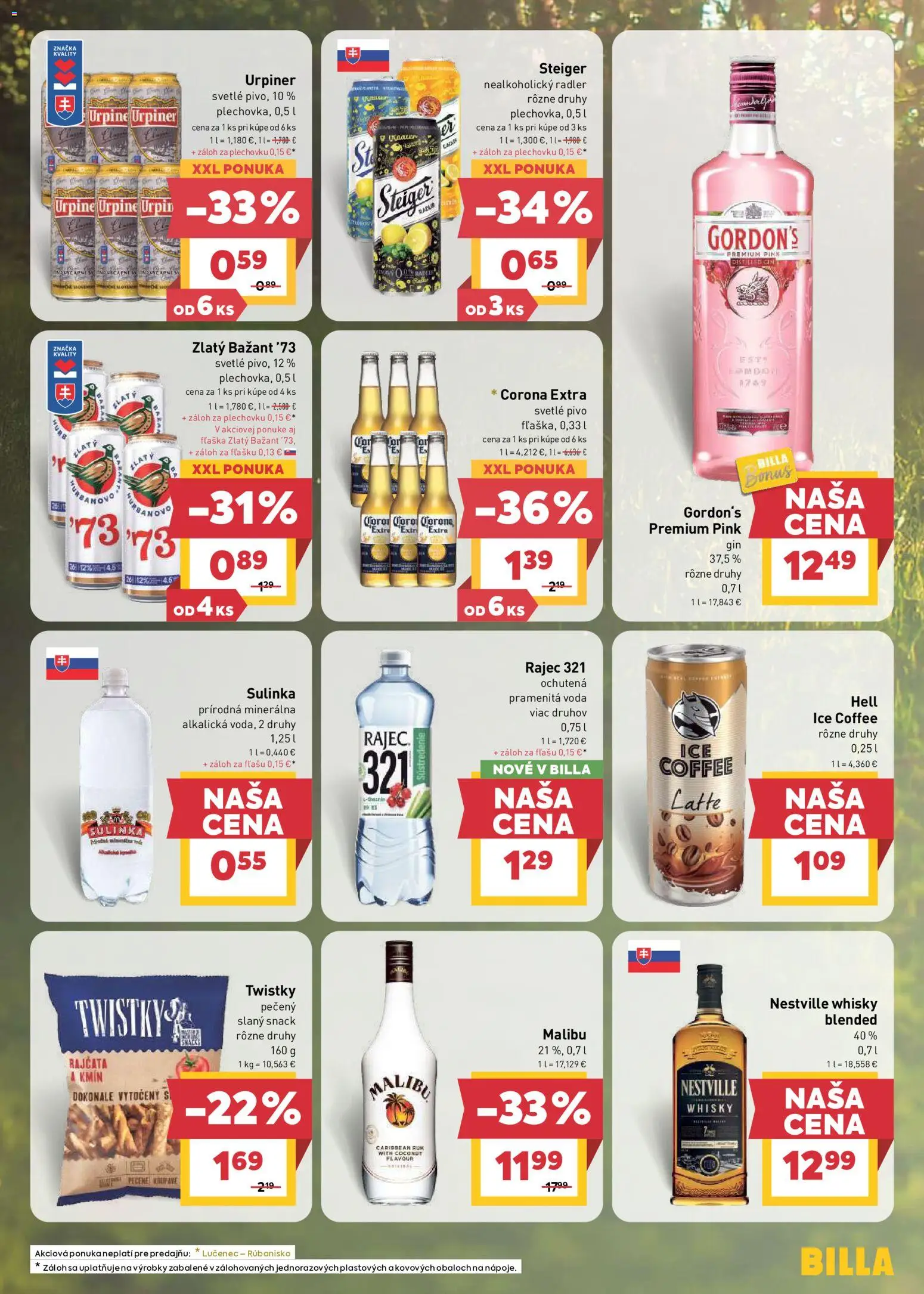Nové Billa akcie – leták je platný od 15.07.2026 | Strana: 13 | Produkty: Zlatý Bažant, Corona Extra, Gin, Sulinka