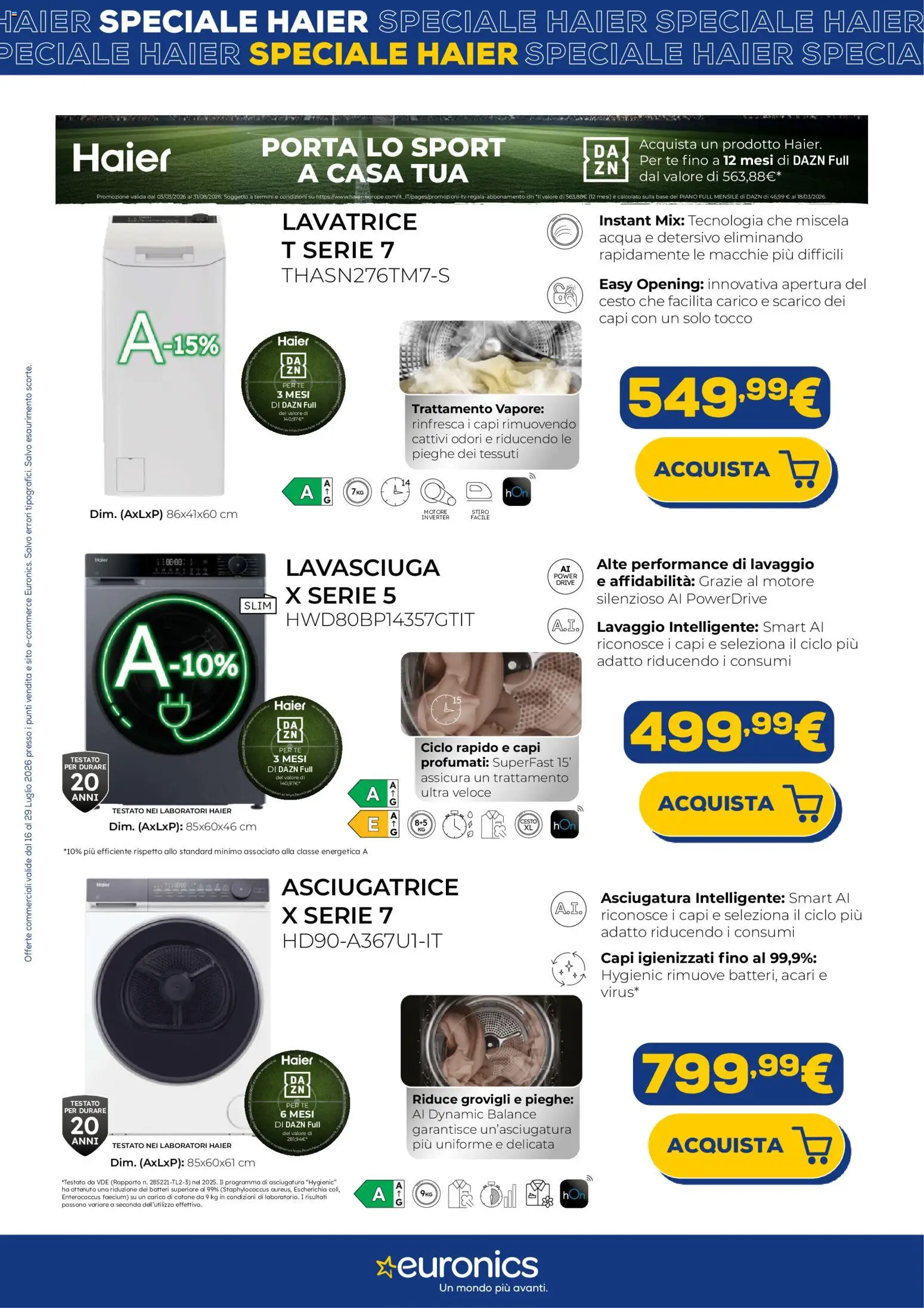 Volantino Euronics del 16/07/2026 | Pagina: 4 | Prodotti: Lavasciuga, Tè, Acqua, Asciugatrice