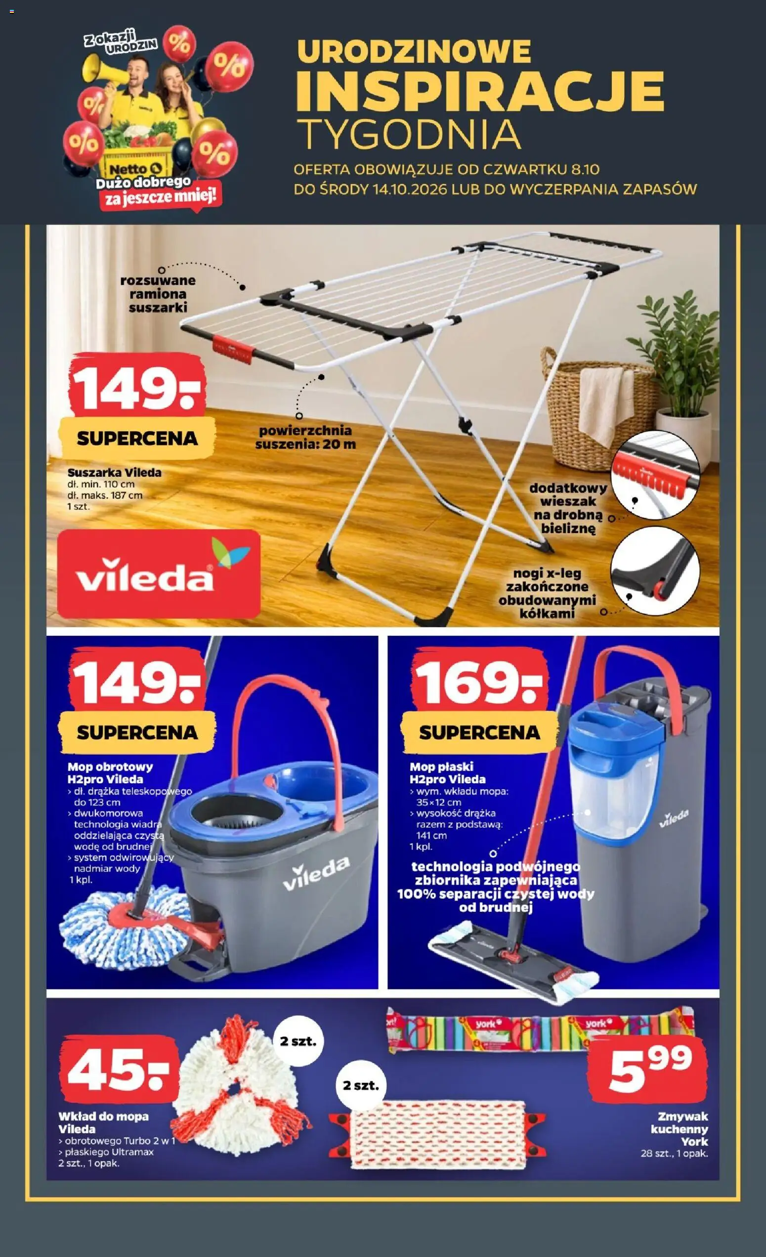 Netto gazetka od czwartku NonFood od 08.10.2026 | Strona: 1 | Produkty: Wieszak, Suszarka vileda, Mop obrotowy, Mop