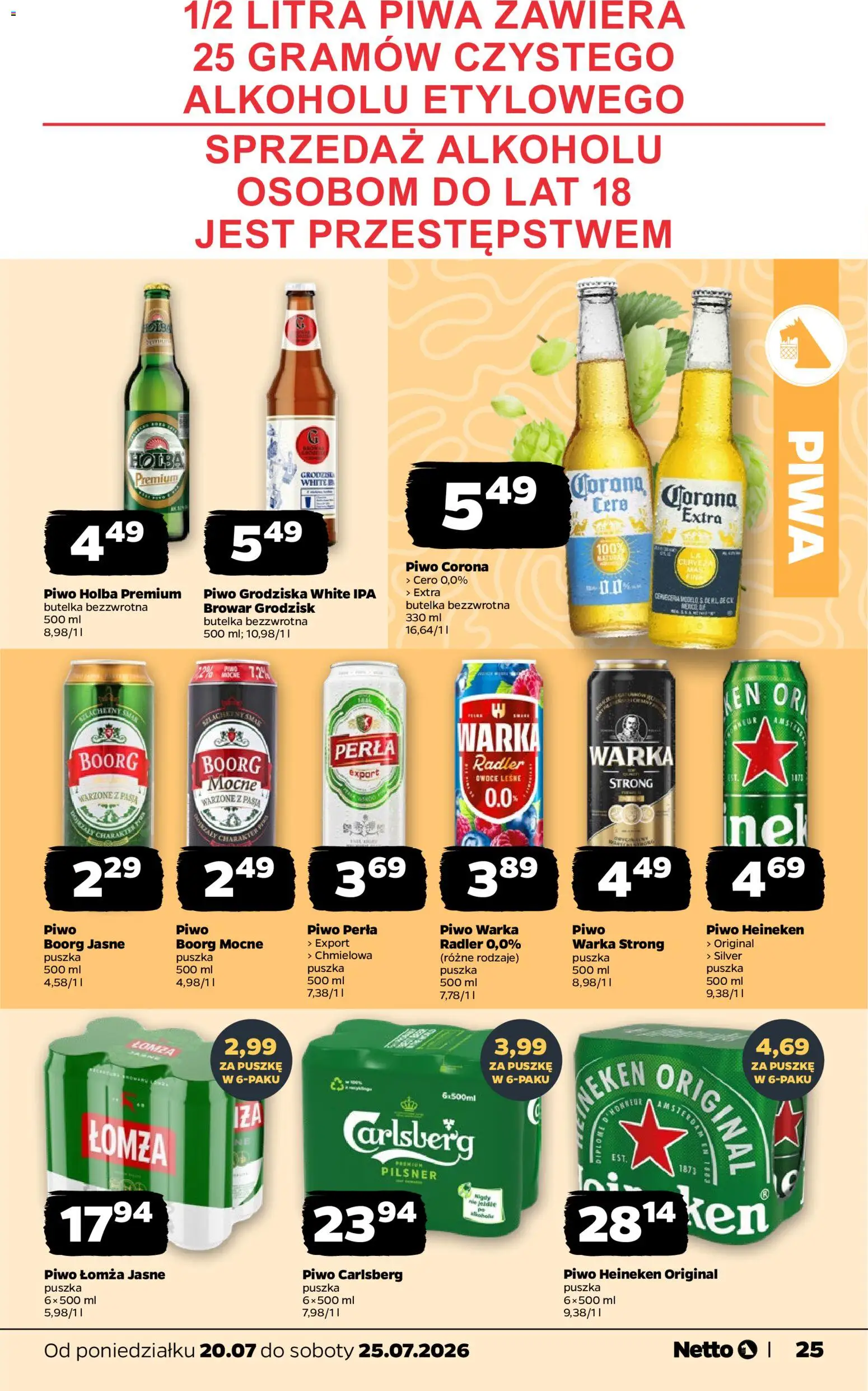 Netto gazetka od poniedziałku od 20.07.2026 | Strona: 25 | Produkty: Piwo Heineken, Warka, Piwo Warka, Piwo
